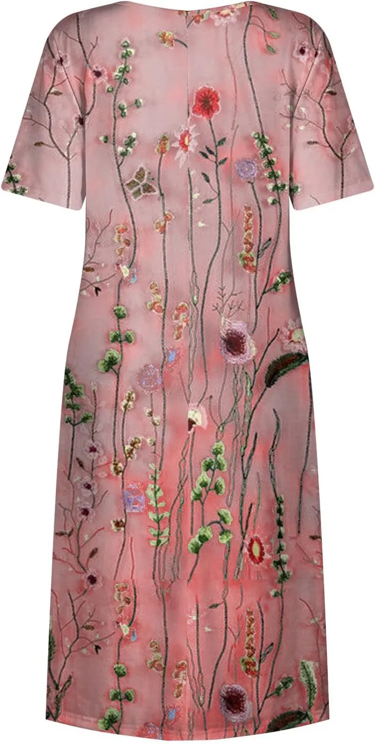 SGASY Plus Size Summer Dress 2024 Womens Short Sleeve Boho Floral Tshirt Dress Casual Loose Beach Vacation Midi Dresses