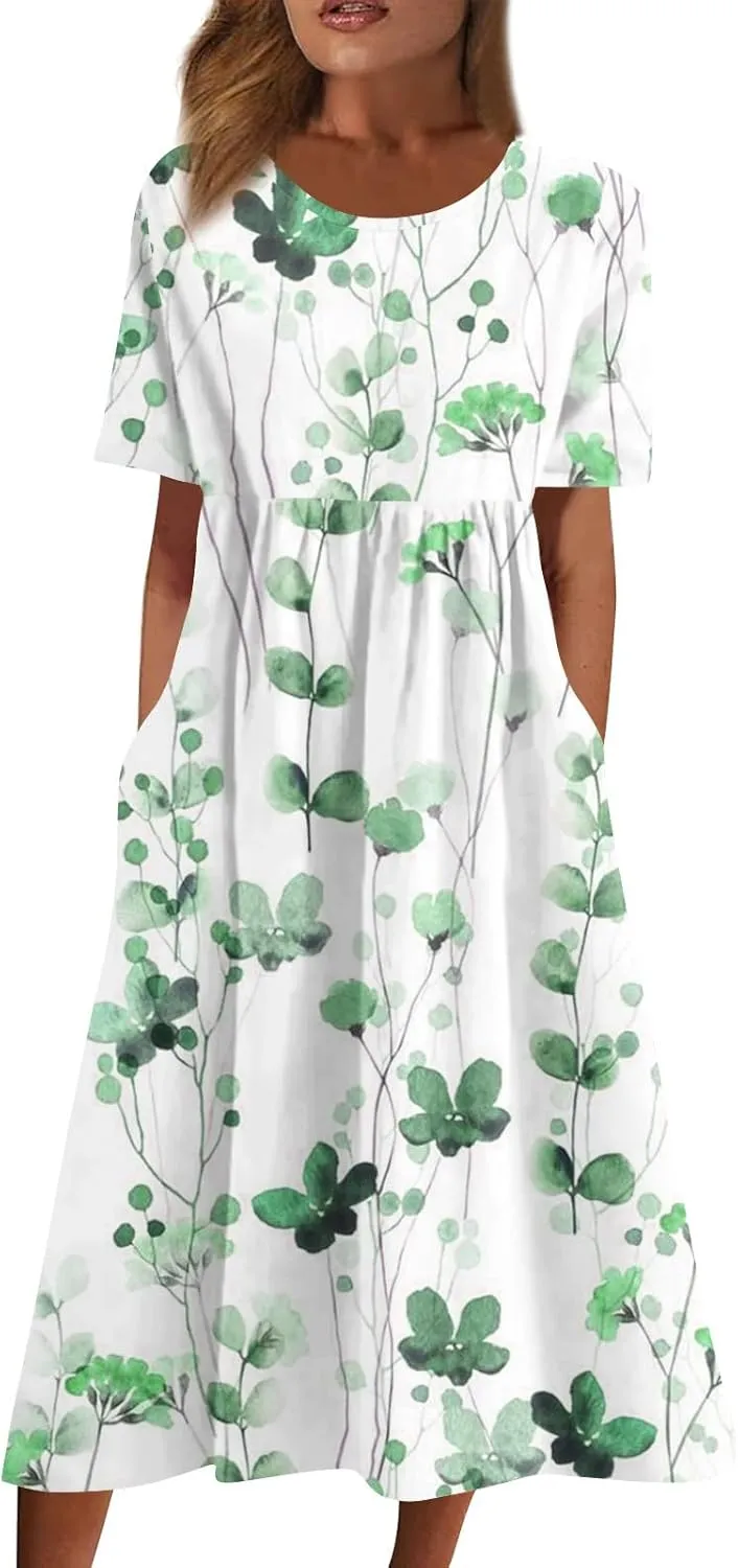 SGASY Plus Size Summer Dress 2024 Womens Short Sleeve Boho Floral Tshirt Dress Casual Loose Beach Vacation Midi Dresses