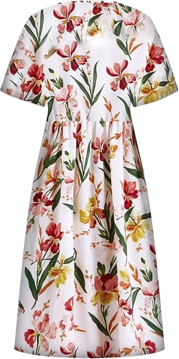 SGASY Plus Size Summer Dress 2024 Womens Short Sleeve Boho Floral Tshirt Dress Casual Loose Beach Vacation Midi Dresses