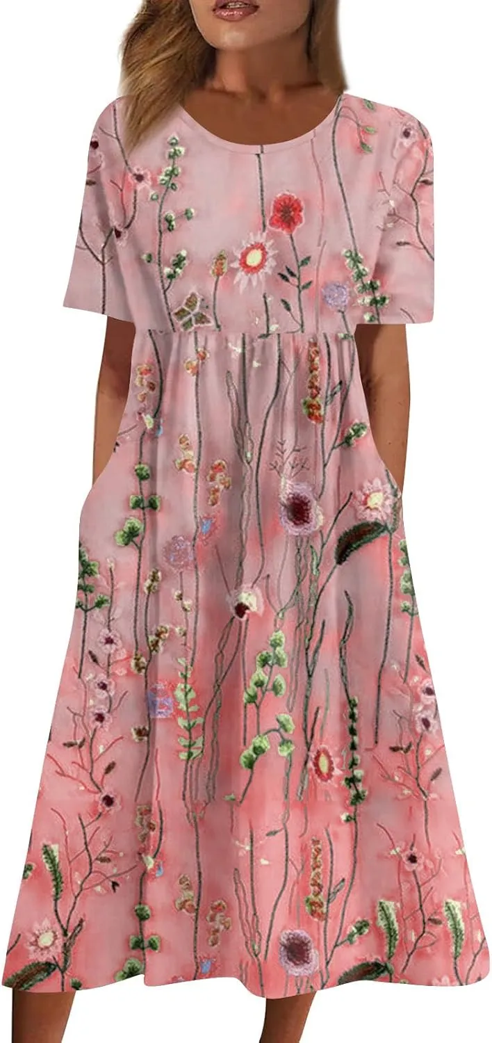 SGASY Plus Size Summer Dress 2024 Womens Short Sleeve Boho Floral Tshirt Dress Casual Loose Beach Vacation Midi Dresses