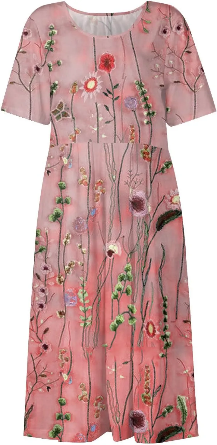 SGASY Plus Size Summer Dress 2024 Womens Short Sleeve Boho Floral Tshirt Dress Casual Loose Beach Vacation Midi Dresses