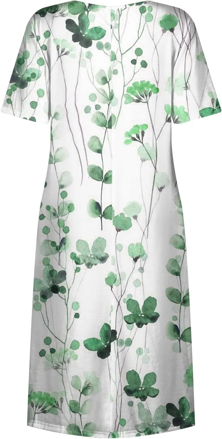SGASY Plus Size Summer Dress 2024 Womens Short Sleeve Boho Floral Tshirt Dress Casual Loose Beach Vacation Midi Dresses