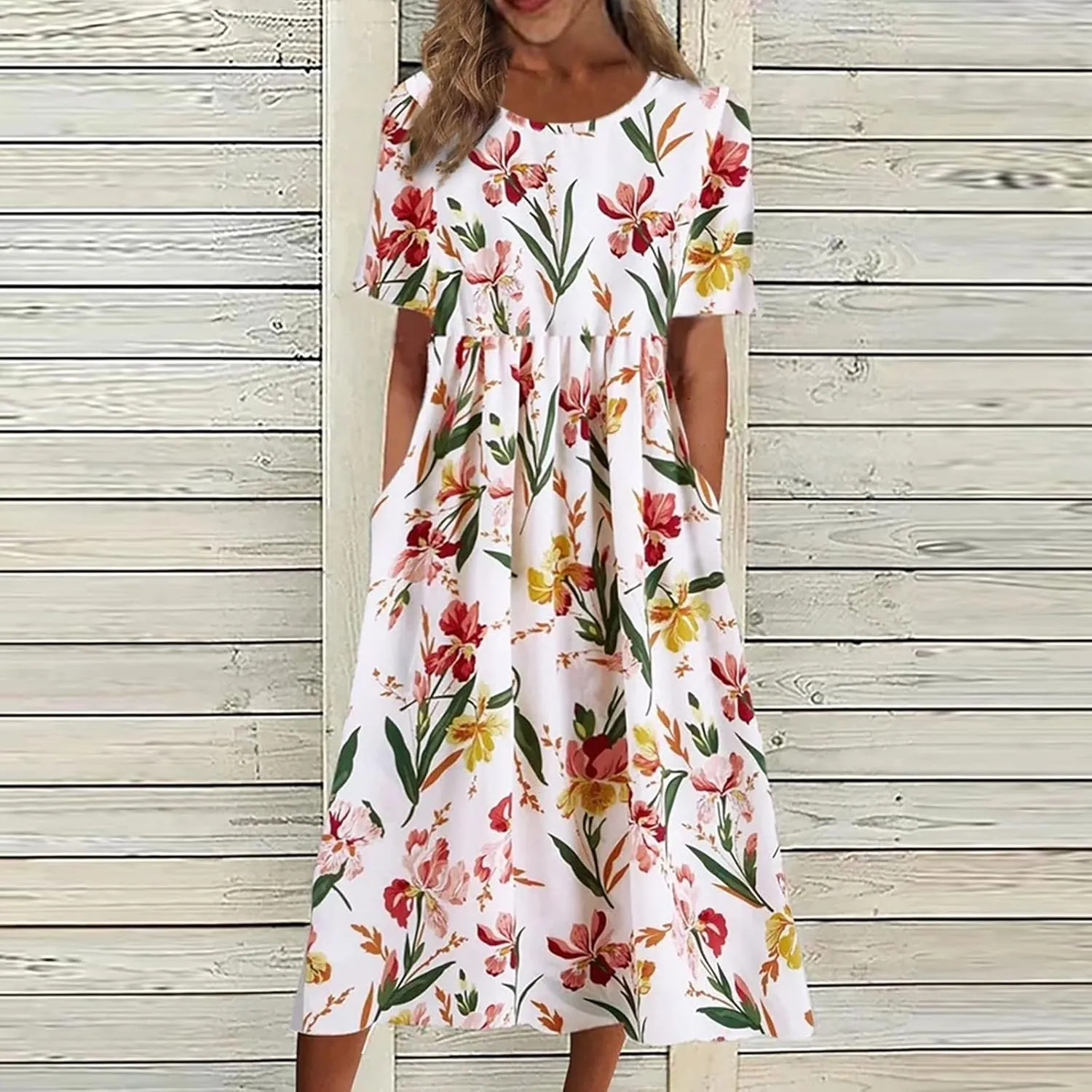 SGASY Plus Size Summer Dress 2024 Womens Short Sleeve Boho Floral Tshirt Dress Casual Loose Beach Vacation Midi Dresses