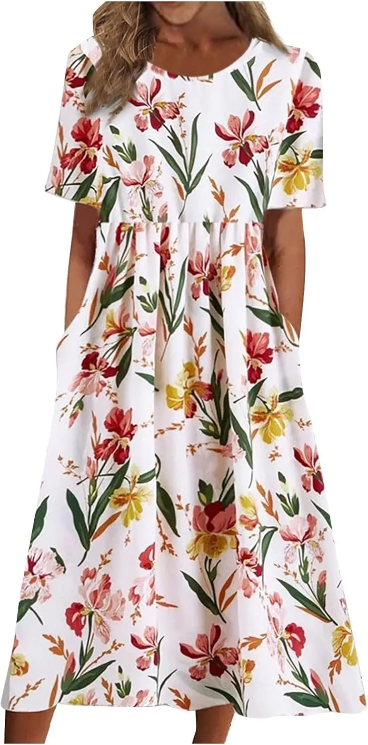 SGASY Plus Size Summer Dress 2024 Womens Short Sleeve Boho Floral Tshirt Dress Casual Loose Beach Vacation Midi Dresses
