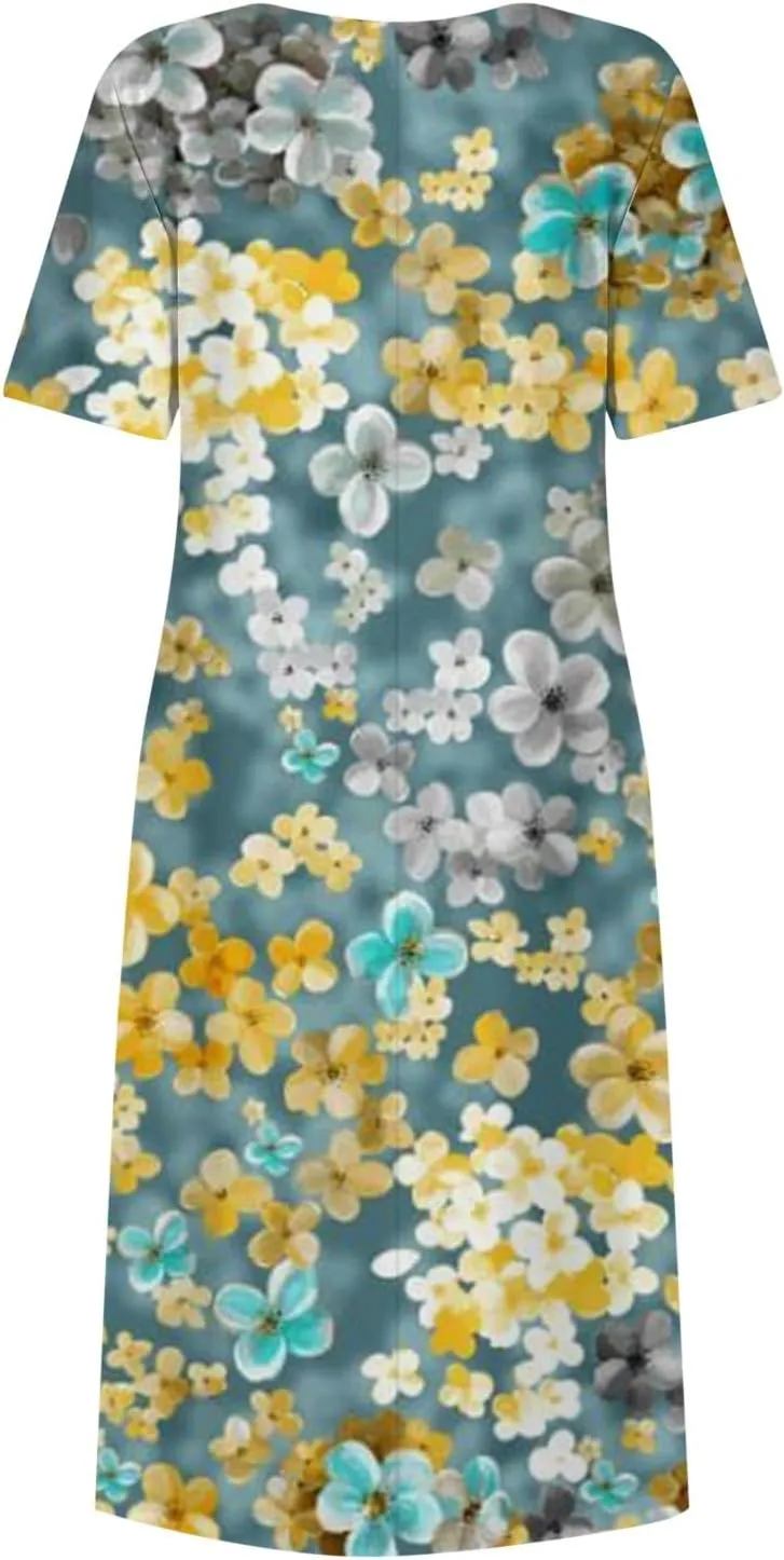 SGASY Summer Dresses for Women 2024 Short Sleeve High Waist Floral Pockets Sun Dress Plus Size Dresses for Curvy Women