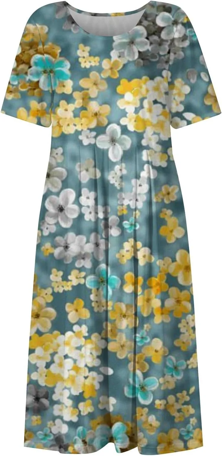 SGASY Summer Dresses for Women 2024 Short Sleeve High Waist Floral Pockets Sun Dress Plus Size Dresses for Curvy Women