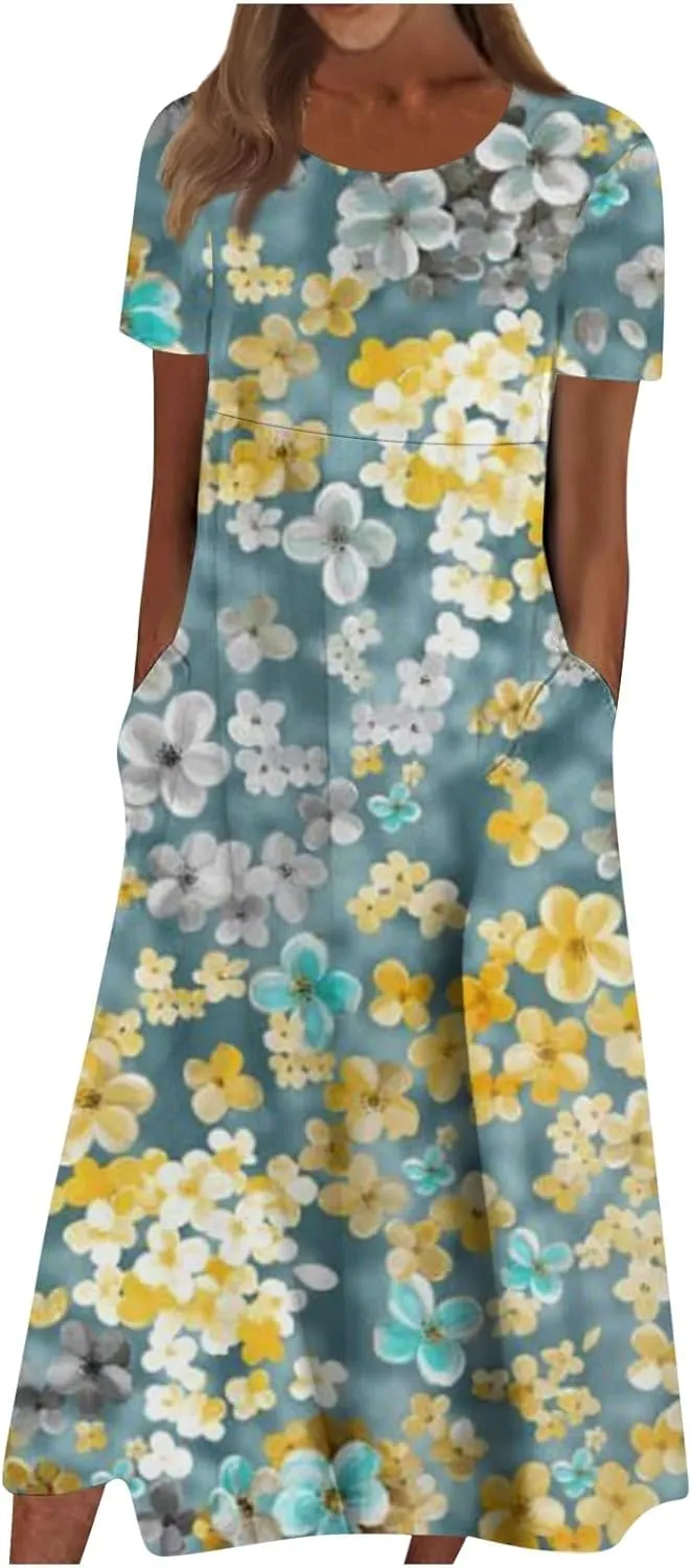 SGASY Summer Dresses for Women 2024 Short Sleeve High Waist Floral Pockets Sun Dress Plus Size Dresses for Curvy Women