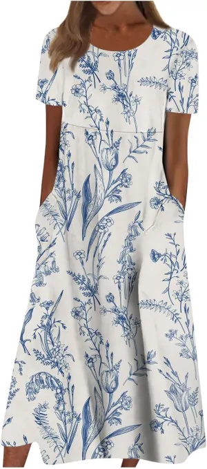 SGASY Summer Dresses for Women 2024 Short Sleeve High Waist Floral Pockets Sun Dress Plus Size Dresses for Curvy Women