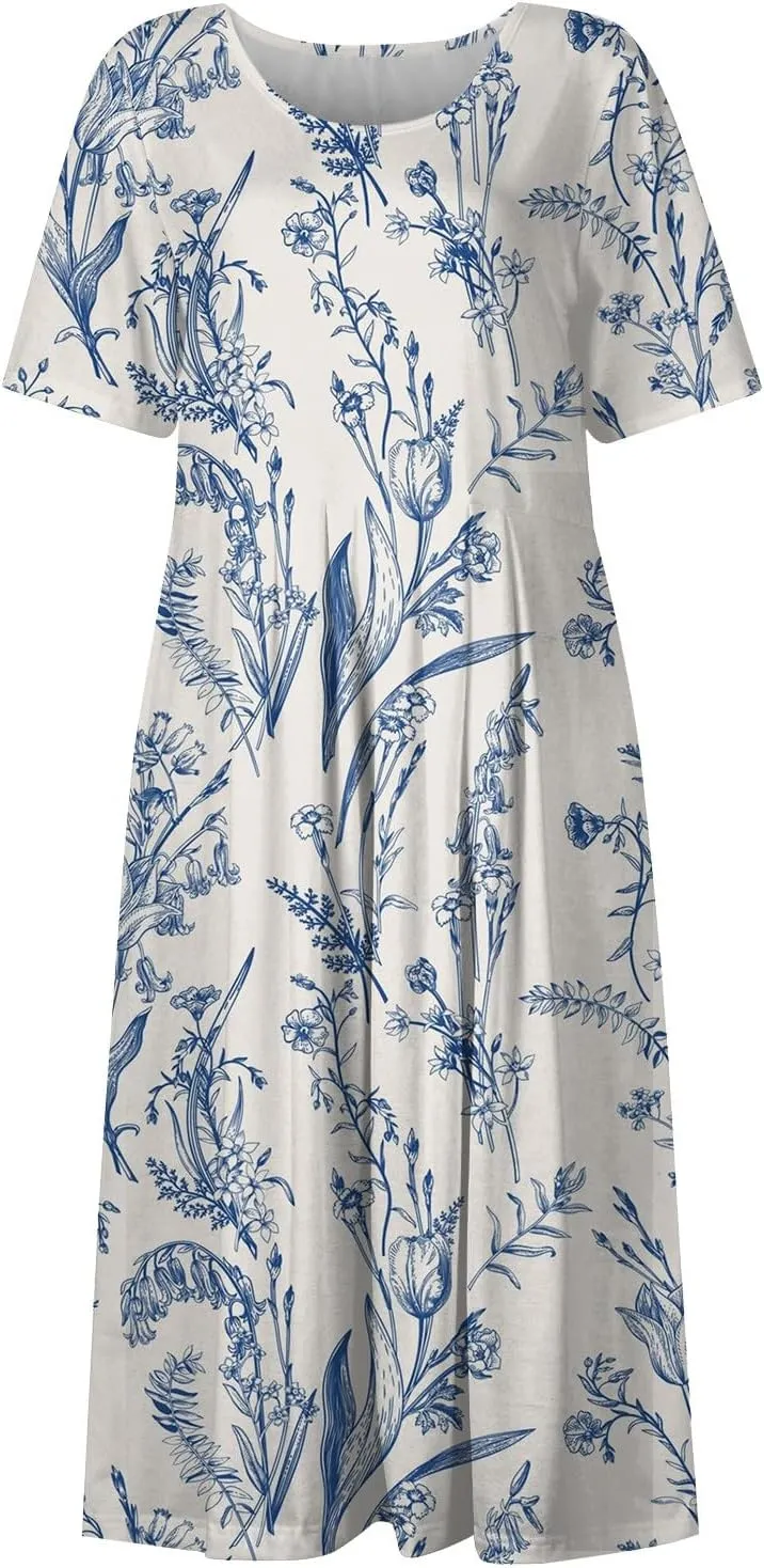 SGASY Summer Dresses for Women 2024 Short Sleeve High Waist Floral Pockets Sun Dress Plus Size Dresses for Curvy Women