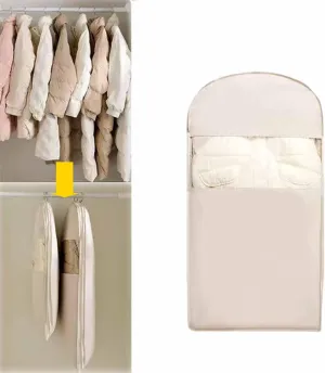 Space Saving Hanging Garment Bag with Self Compression, Closet Storage Space Saver Clothes Bags, Dust Cover Clothes Bags (Beige, Large)