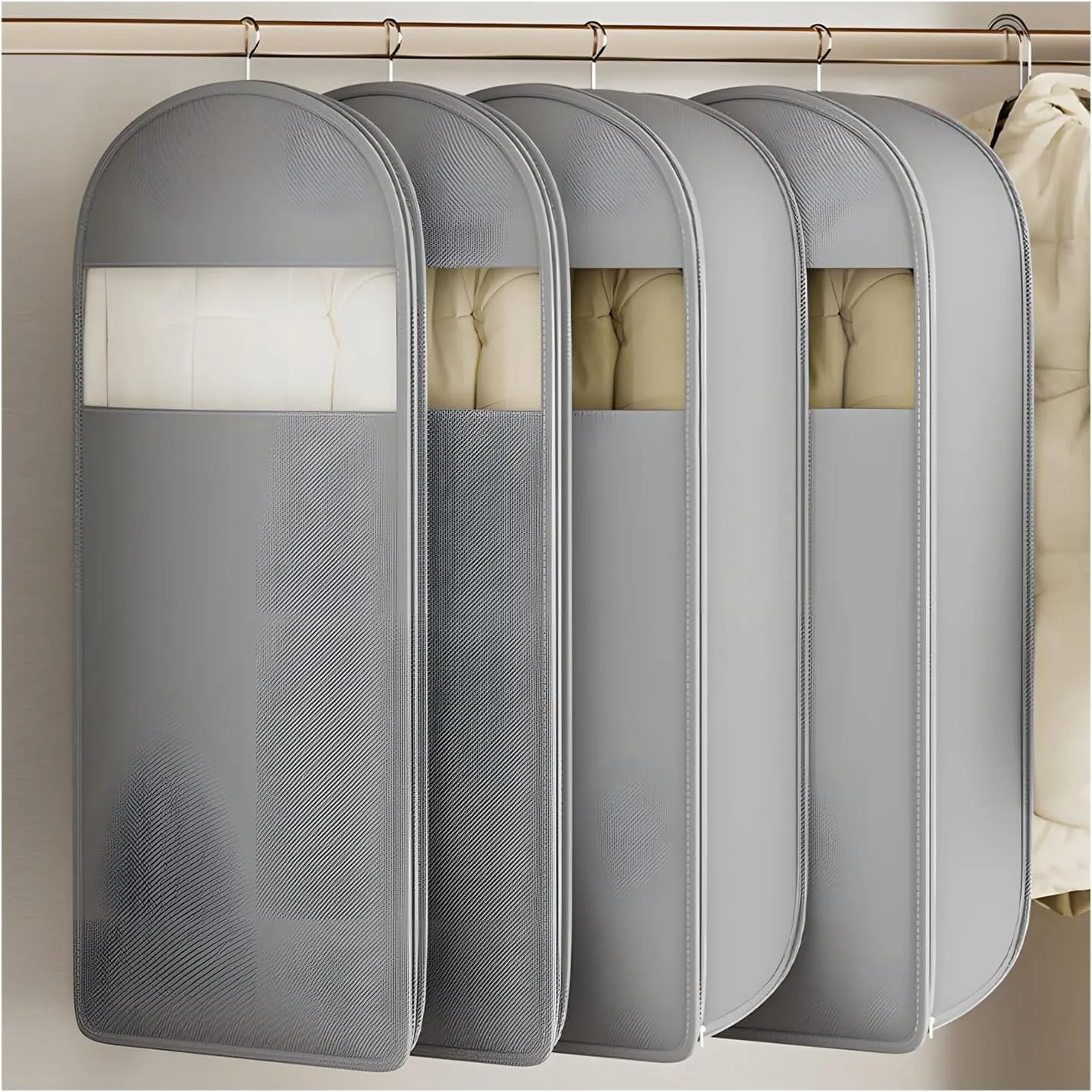 Space Saving Hanging Garment Bag with Self Compression Zipper, 2025 New Space Saver Closet Organizers, Dust Transparent Cover Clothes Bags for Down Coat (Grey, M)