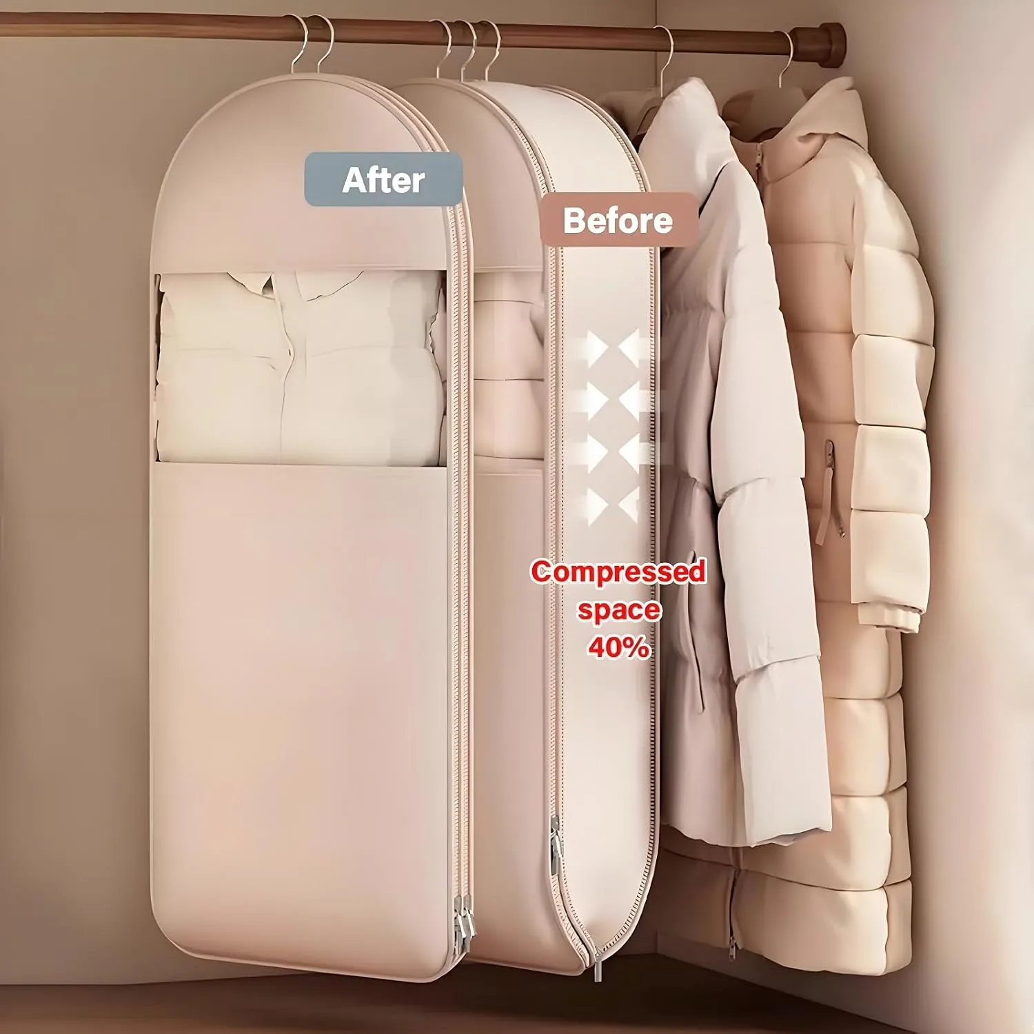 Space Saving Hanging Garment Bag with Self Compression Zipper, 2025 New Space Saving Hanging Protector, Space Saver Closet Organizers,Dust Cover Clothes Bags for Down Coat(Pink,Large)