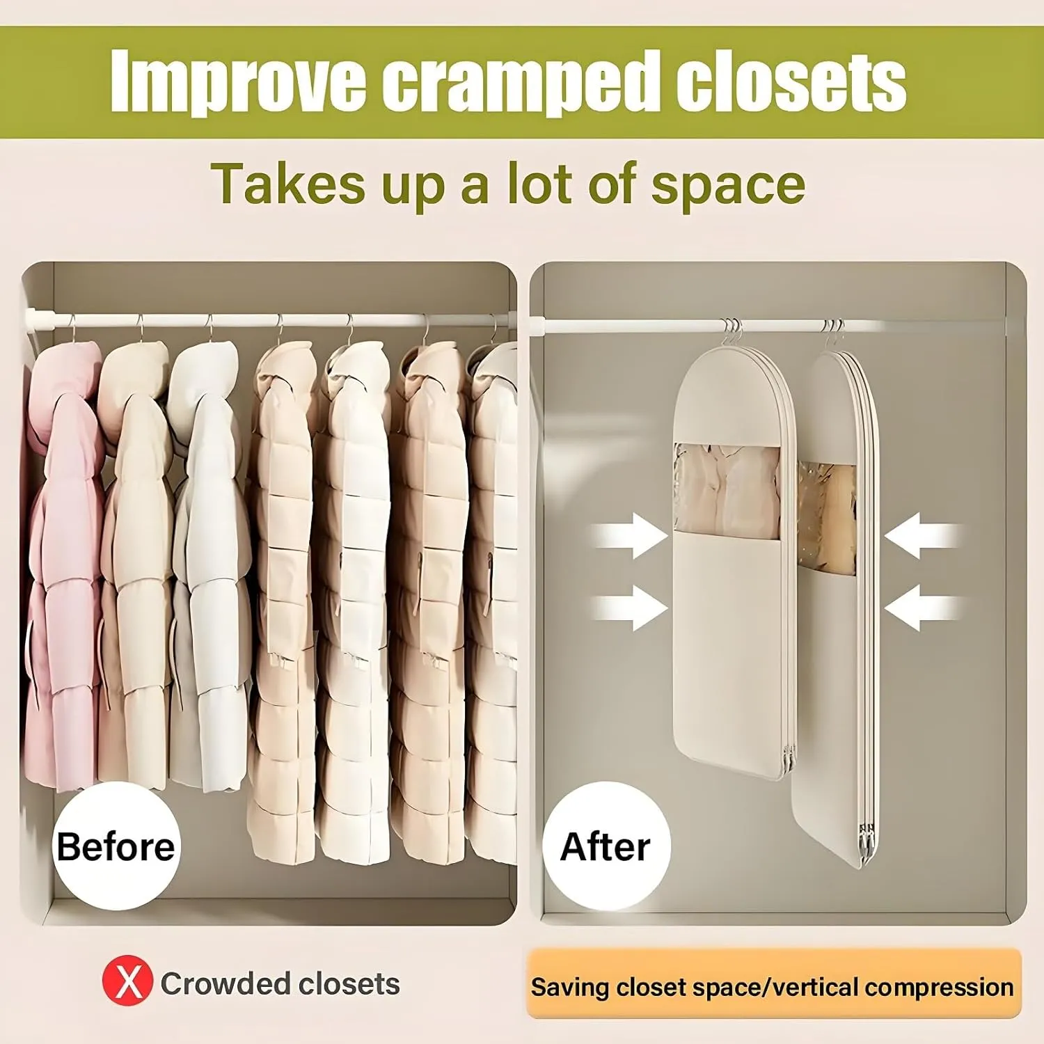 Space Saving Hanging Garment Bag with Self Compression Zipper, 2025 New Space Saving Hanging Protector, Space Saver Closet Organizers,Dust Cover Clothes Bags for Down Coat(Pink,Large)