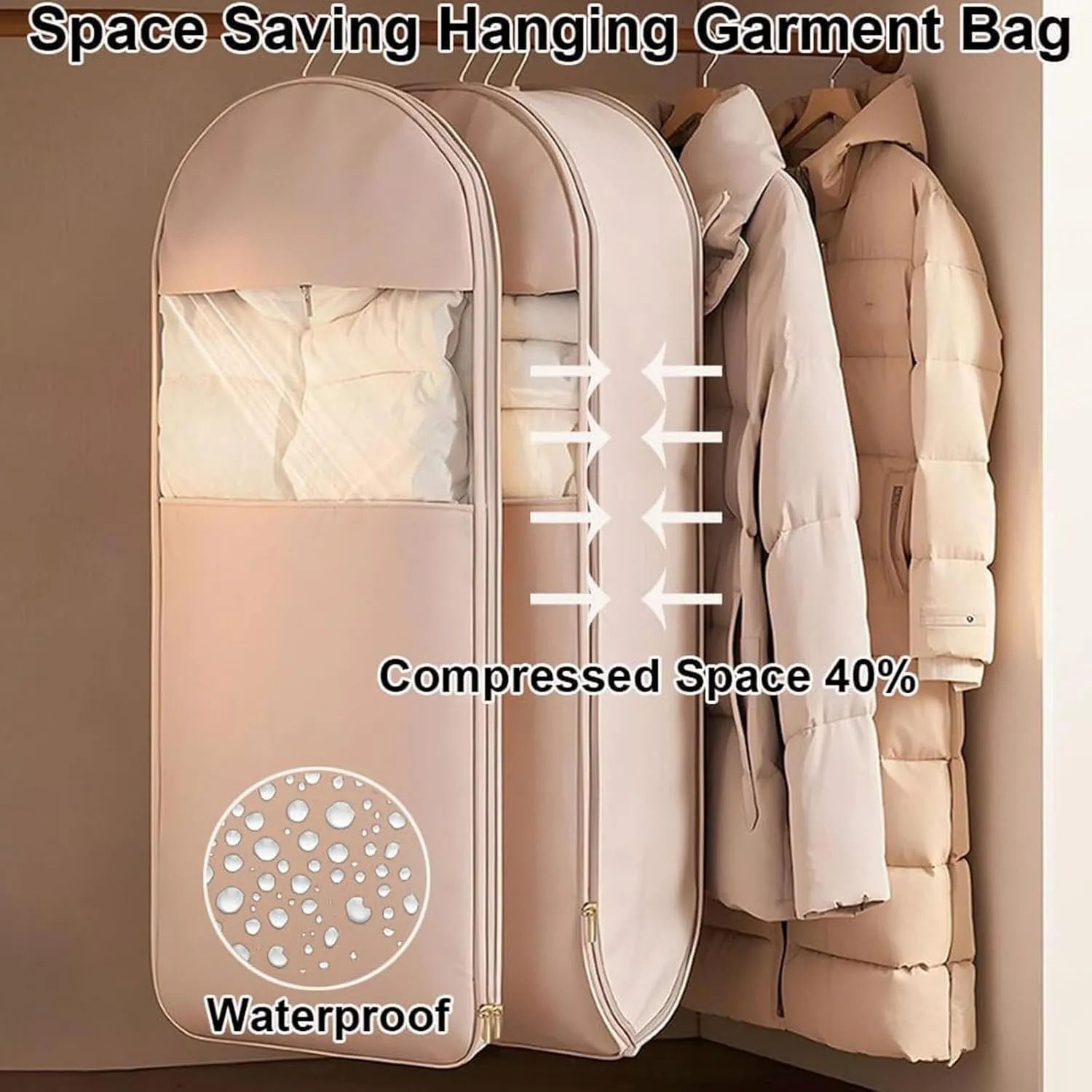 Space Saving Hanging Garment Bag with Self Compression Zipper, 2025 Space Saving Hanging Garment Bag, Winter Coat Storage, Clothes Cover for Hanging, Dust Cover Bags for Down Coat (Grey-L)
