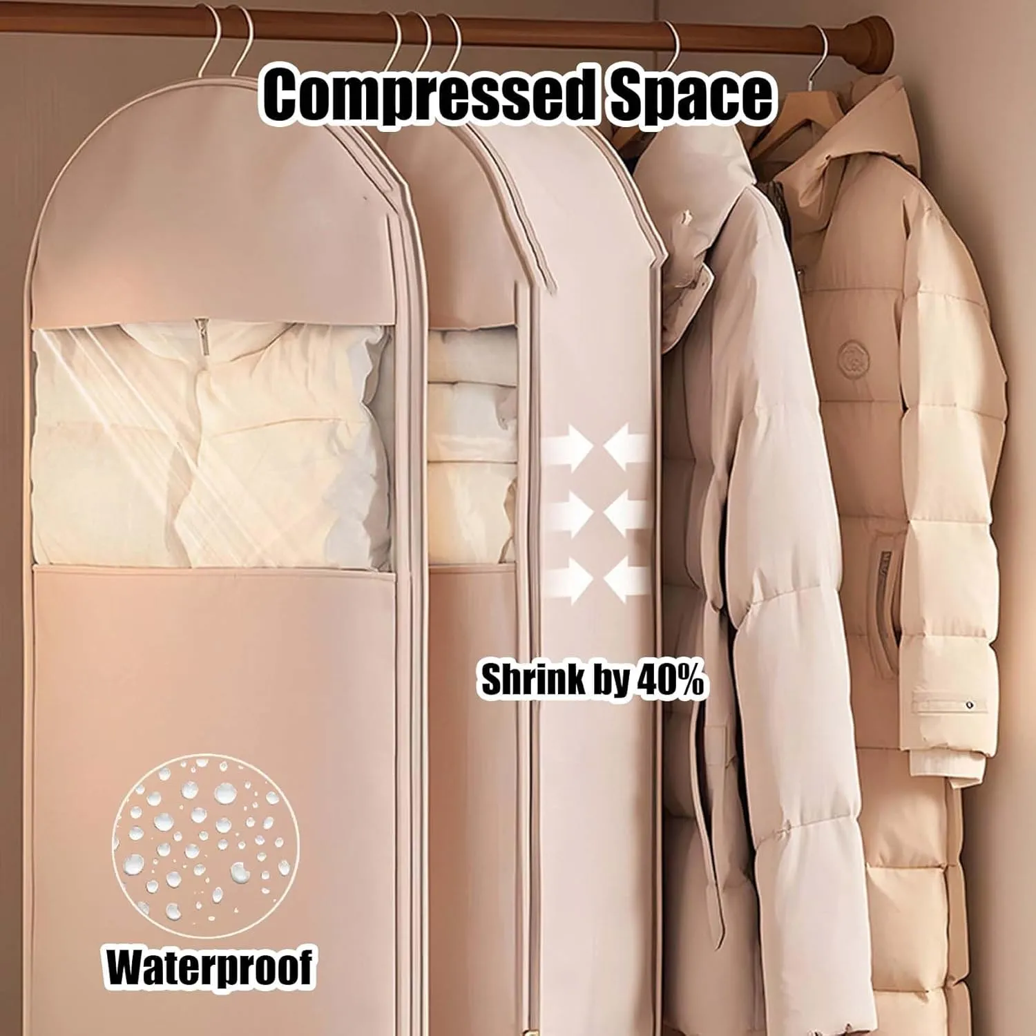 Space Saving Hanging Garment Bag with Self Compression Zipper, 2025 Space Saving Hanging Garment Bag with Self Compression Zipper (Pink,Medium Large)