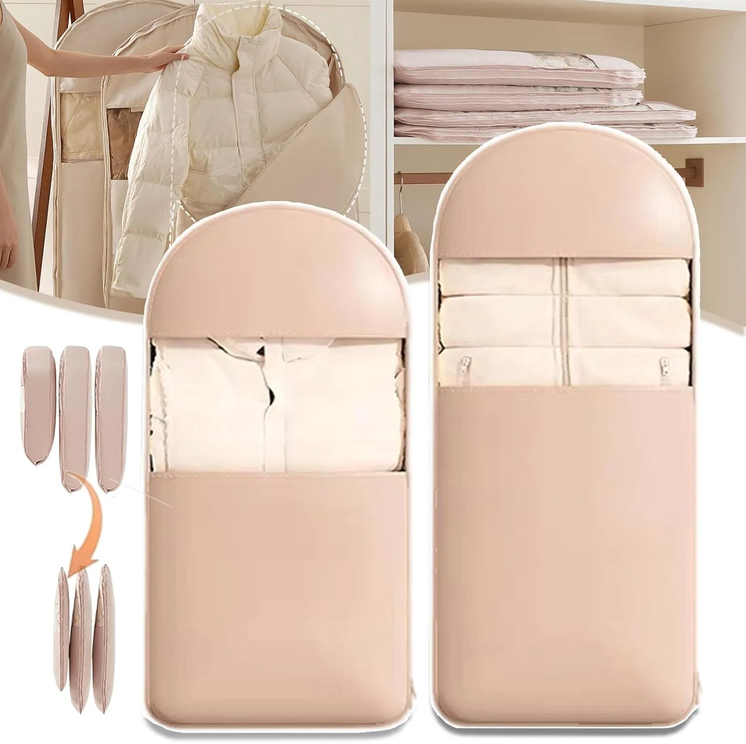 Space Saving Hanging Garment Bag with Self Compression Zipper, 2025 Space Saving Hanging Garment Bag with Self Compression Zipper (Pink,Medium Large)