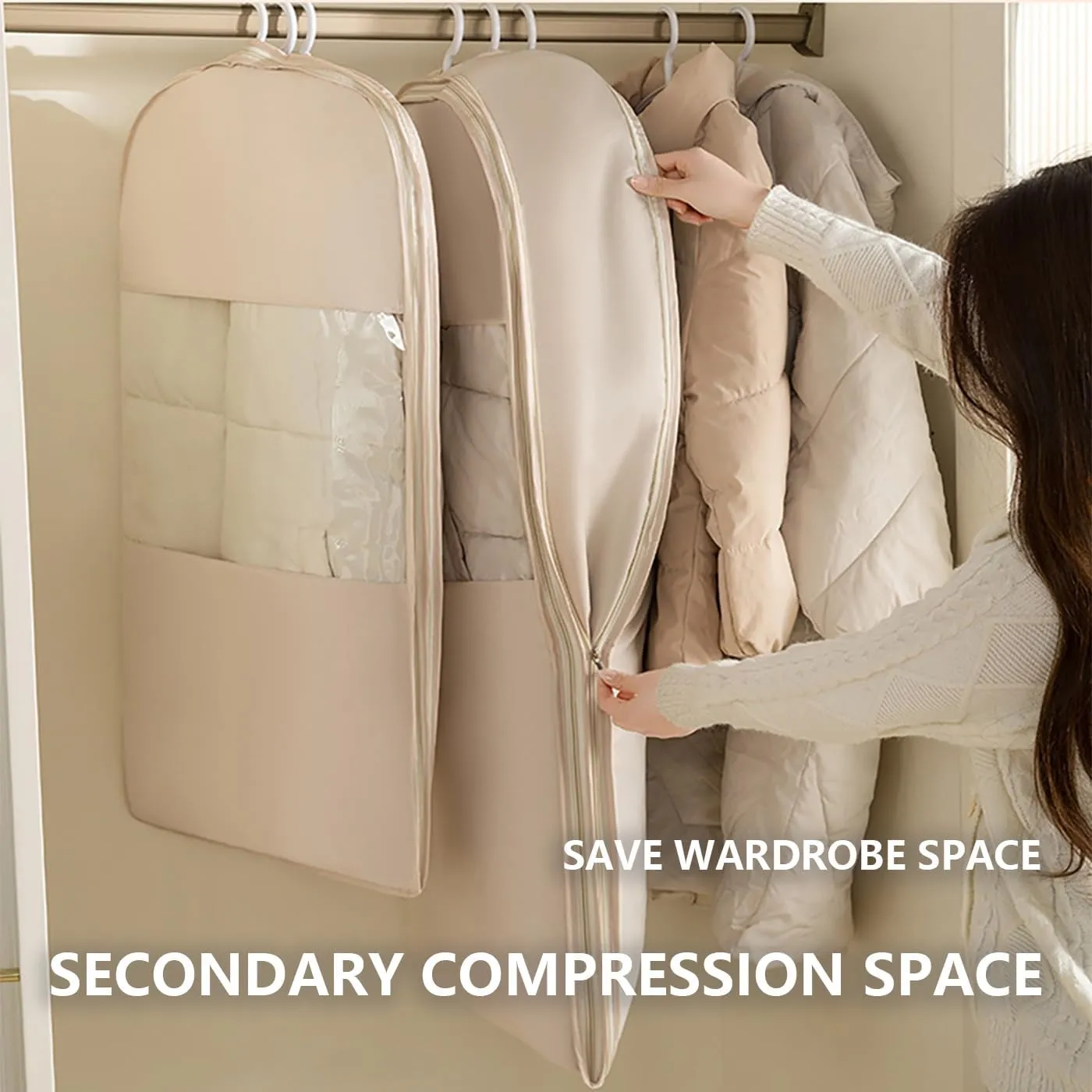 Space Saving Hanging Garment Bag with Self Compression Zipper, 2025 Space Saving Hanging Protector, Wardrobe Clothes Dust Bag (Beige, M)