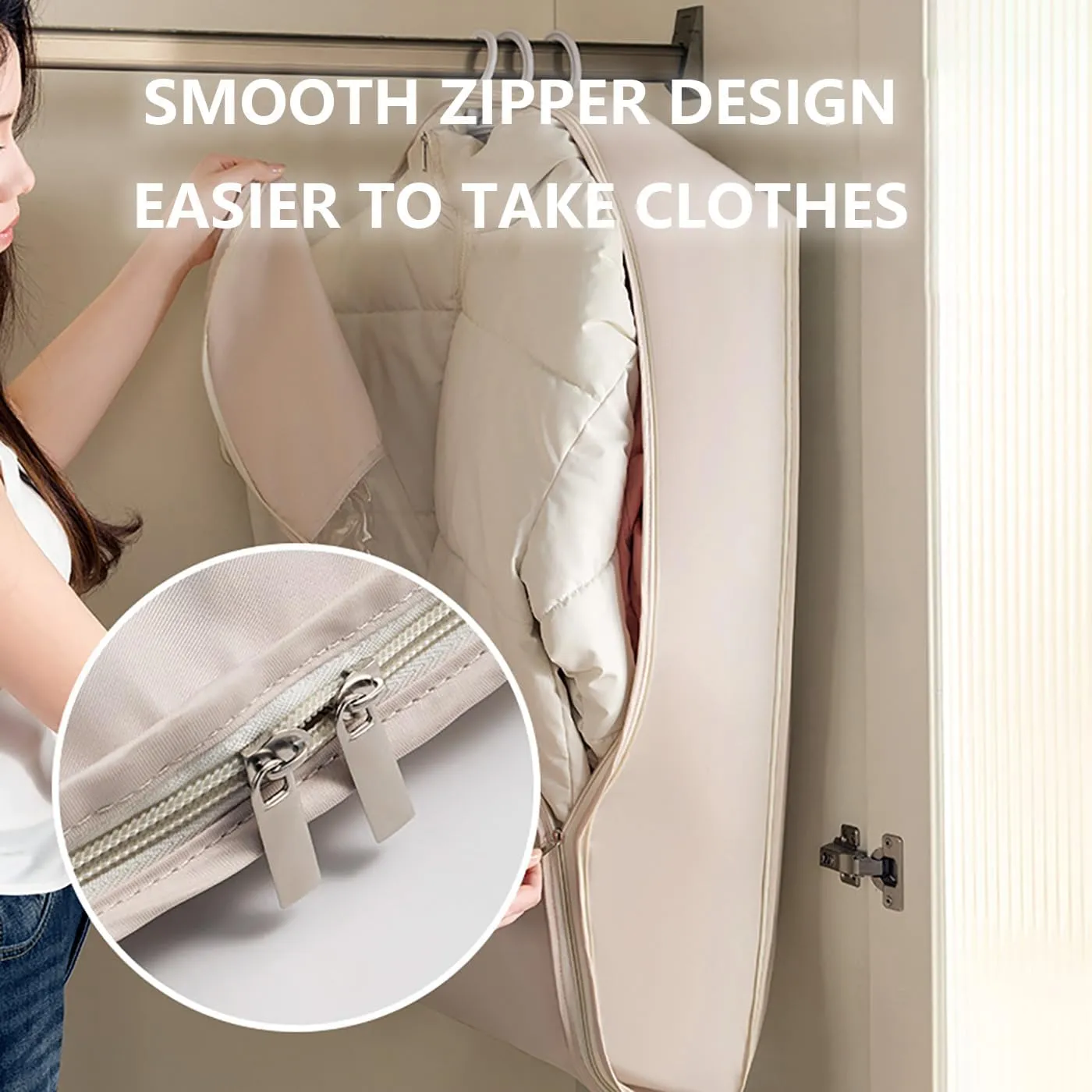 Space Saving Hanging Garment Bag with Self Compression Zipper, 2025 Space Saving Hanging Protector, Wardrobe Clothes Dust Bag (Beige, M)