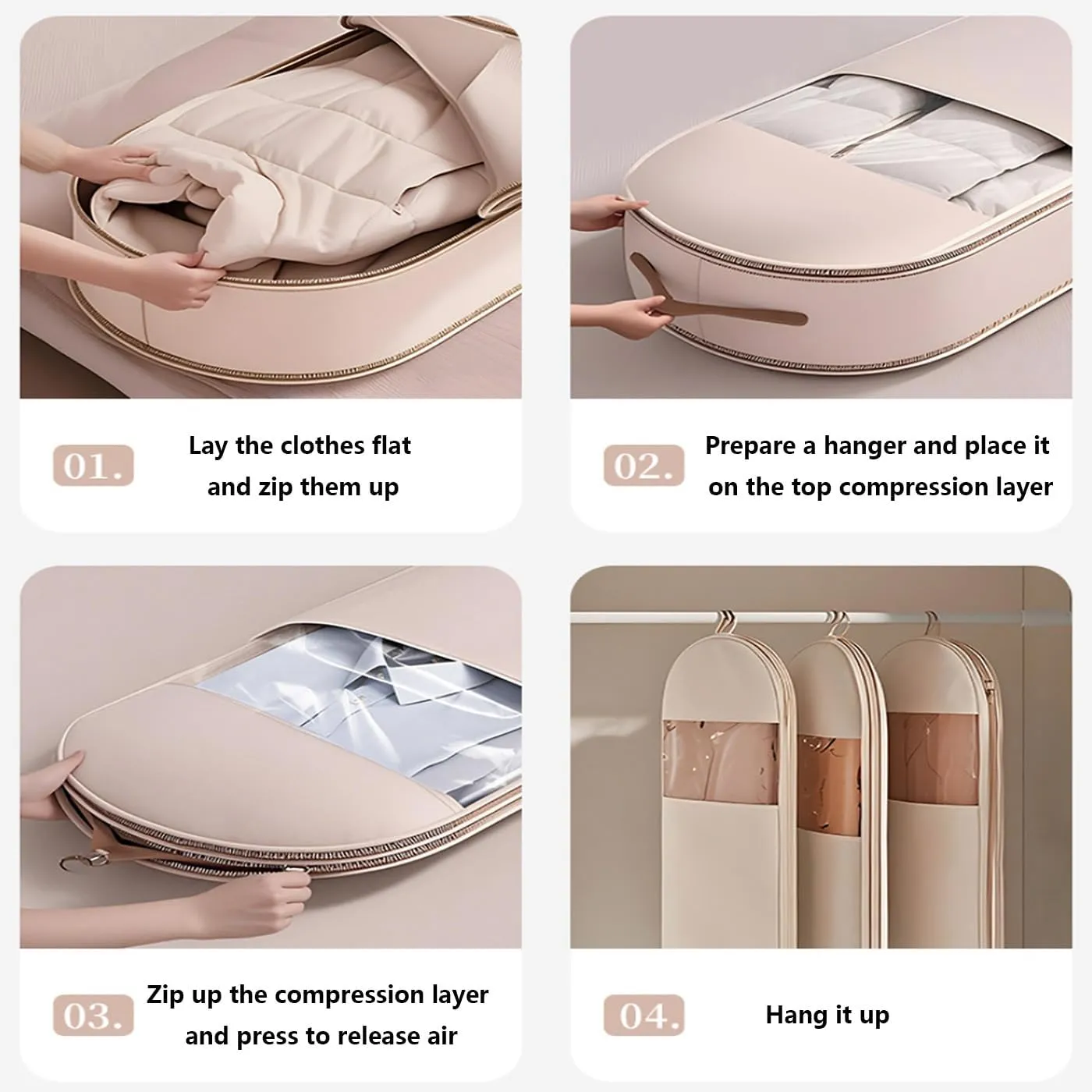 Space Saving Hanging Garment Bag with Self Compression Zipper, 2025 Space Saving Hanging Protector, Wardrobe Clothes Dust Bag (Pink, L)