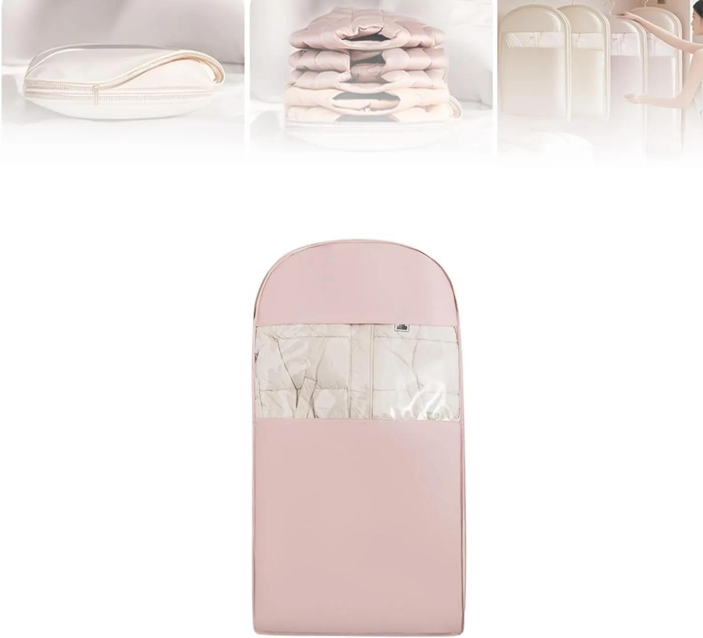 Space Saving Hanging Garment Bag with Self Compression Zipper, 2025 Space Saving Hanging Protector, Wardrobe Clothes Dust Bag (Pink, L)