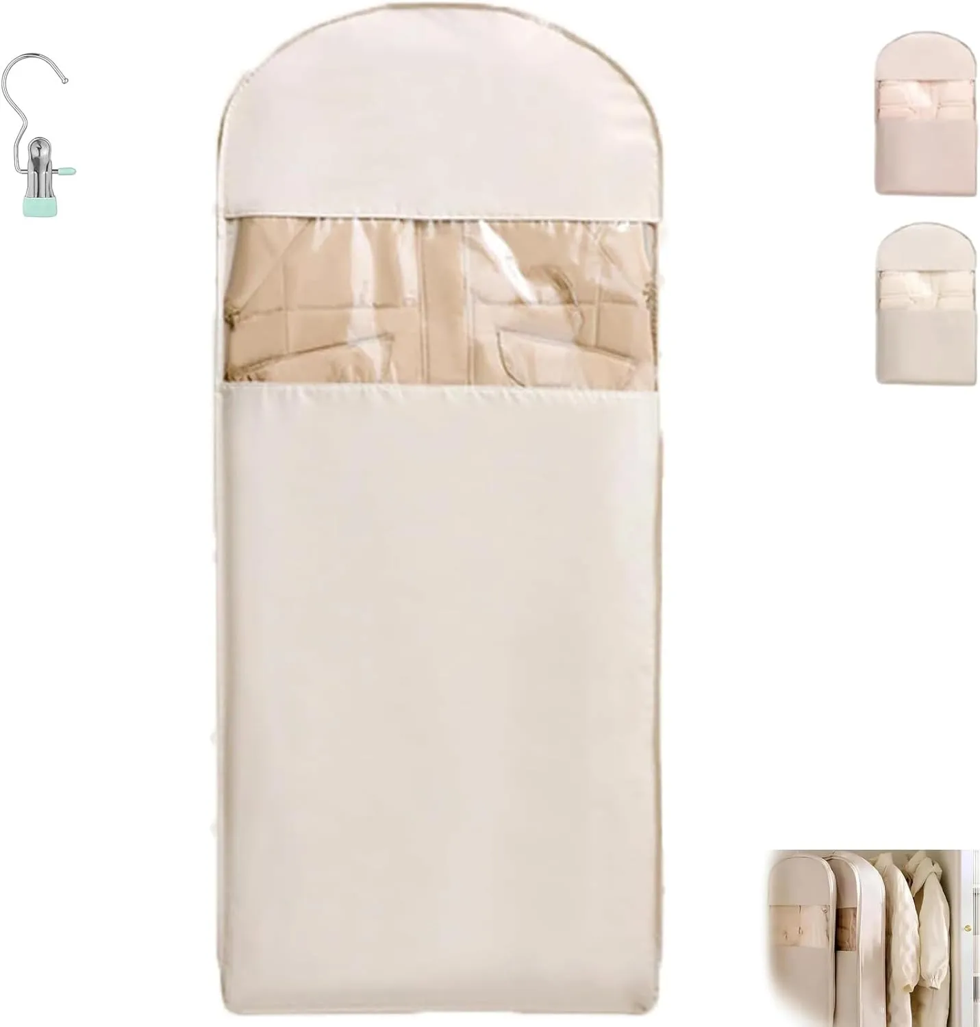 Space Saving Hanging Garment Bag with Self Compression Zipper, 2025 Space Saving Storage Closet Organizers, Heavy Duty Cover Clothes Bags for down Coat (Beige-XL)