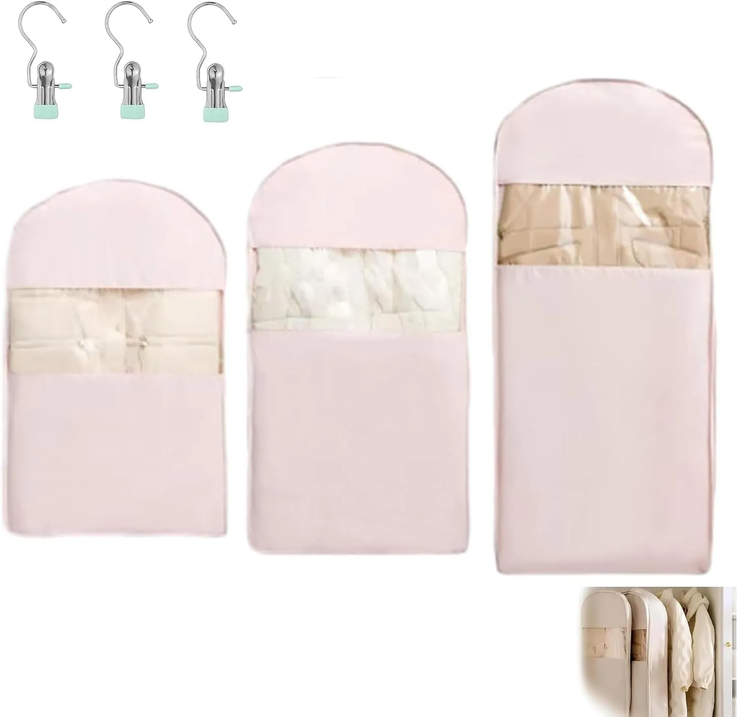Space Saving Hanging Garment Bag with Self Compression Zipper, 2025 Space Saving Storage Closet Organizers, Heavy Duty Cover Clothes Bags for down Coat (Pink-(M L XL))
