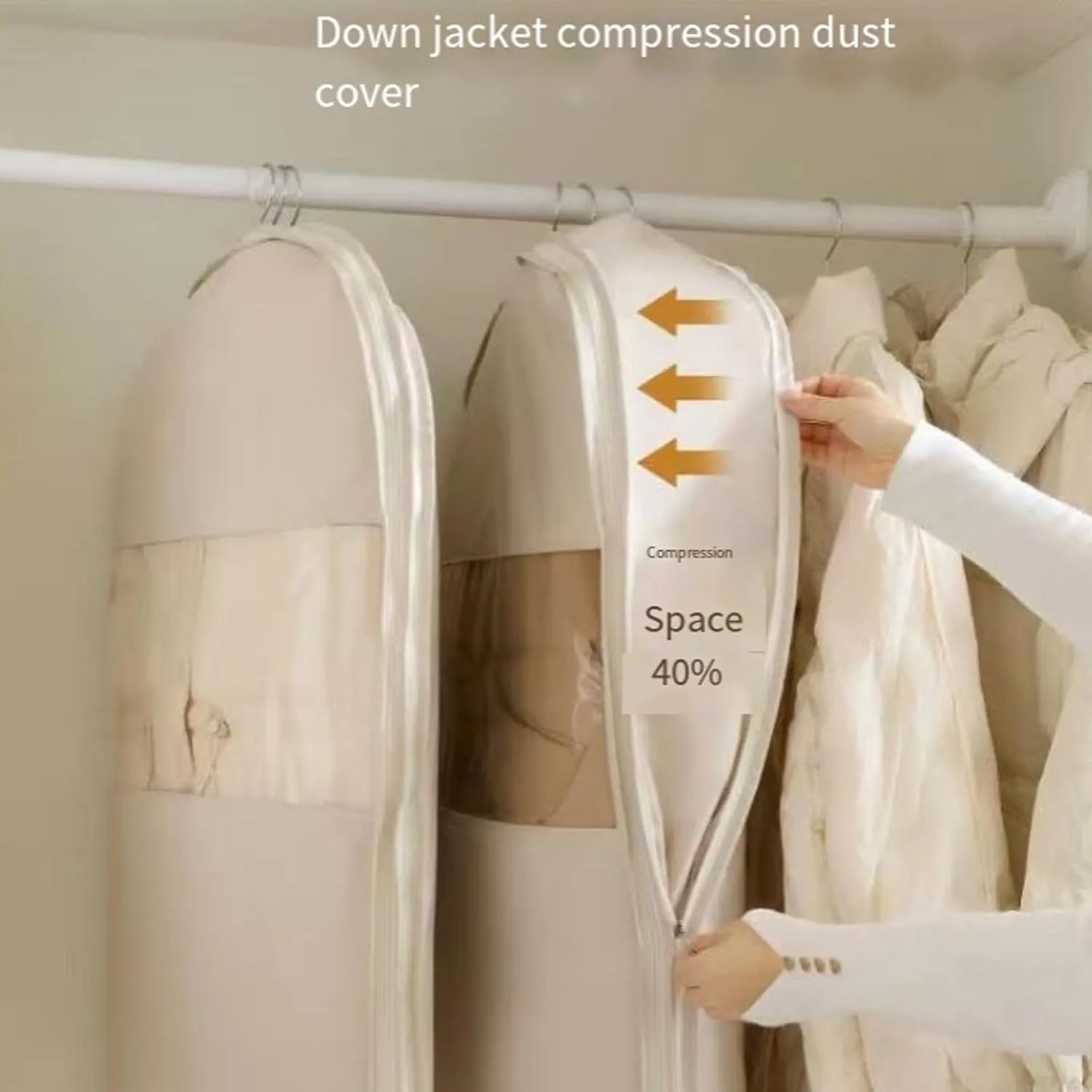Space Saving Hanging Garment Bag with Self Compression Zipper, 2025 Upgrade Space Saver Closet Organizers, Dust Cover Clothes Bags for Down Coat (White,S)