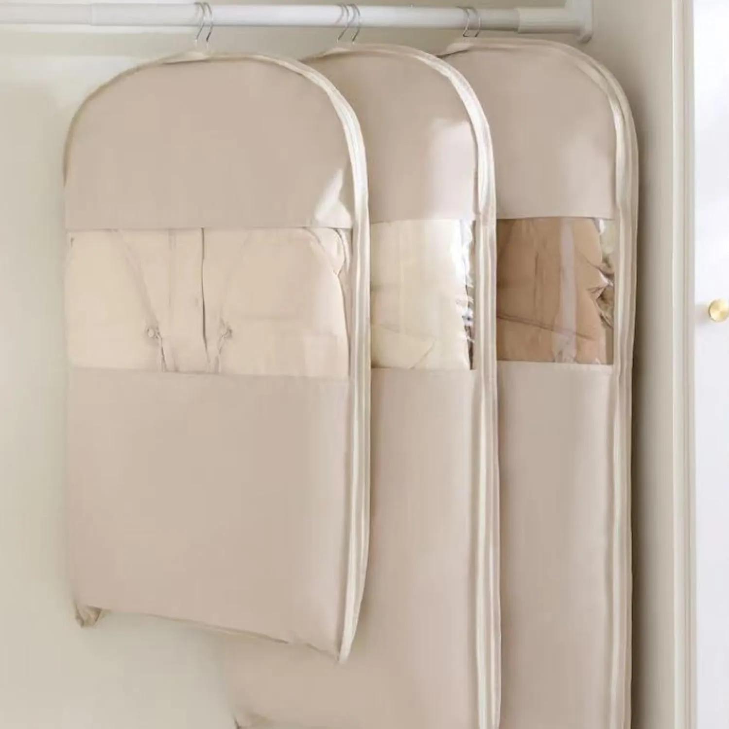 Space Saving Hanging Garment Bag with Self Compression Zipper, 2025 Upgrade Space Saver Closet Organizers, Dust Cover Clothes Bags for Down Coat (White,S)