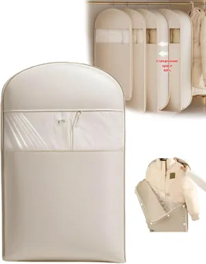 Space Saving Hanging Garment Bag with Self Compression Zipper, Down Coat Dust Cover Clothes Bags Closet Organizers (Beige, M)