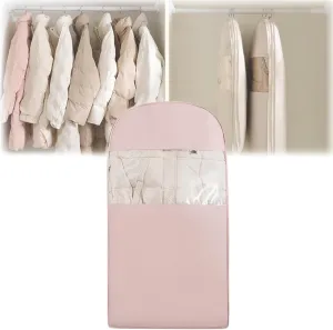 Space Saving Hanging Garment Bag with Self Compression Zipper, Dress Storage Bags Hanging, Space Saver Closet Organizers, Dust Cover Clothes Bags for Down Coat (Pink,Large)