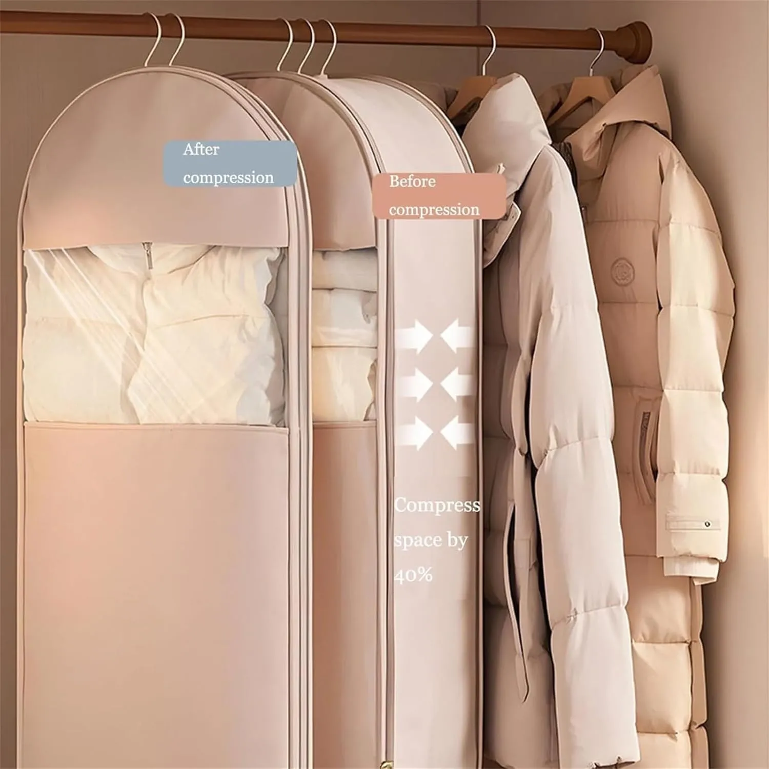 Space Saving Hanging Garment Bag with Self Compression Zipper, Dust Cover Clothes Bags for Down Coat, hanging luggage garment bag (Pink,M)