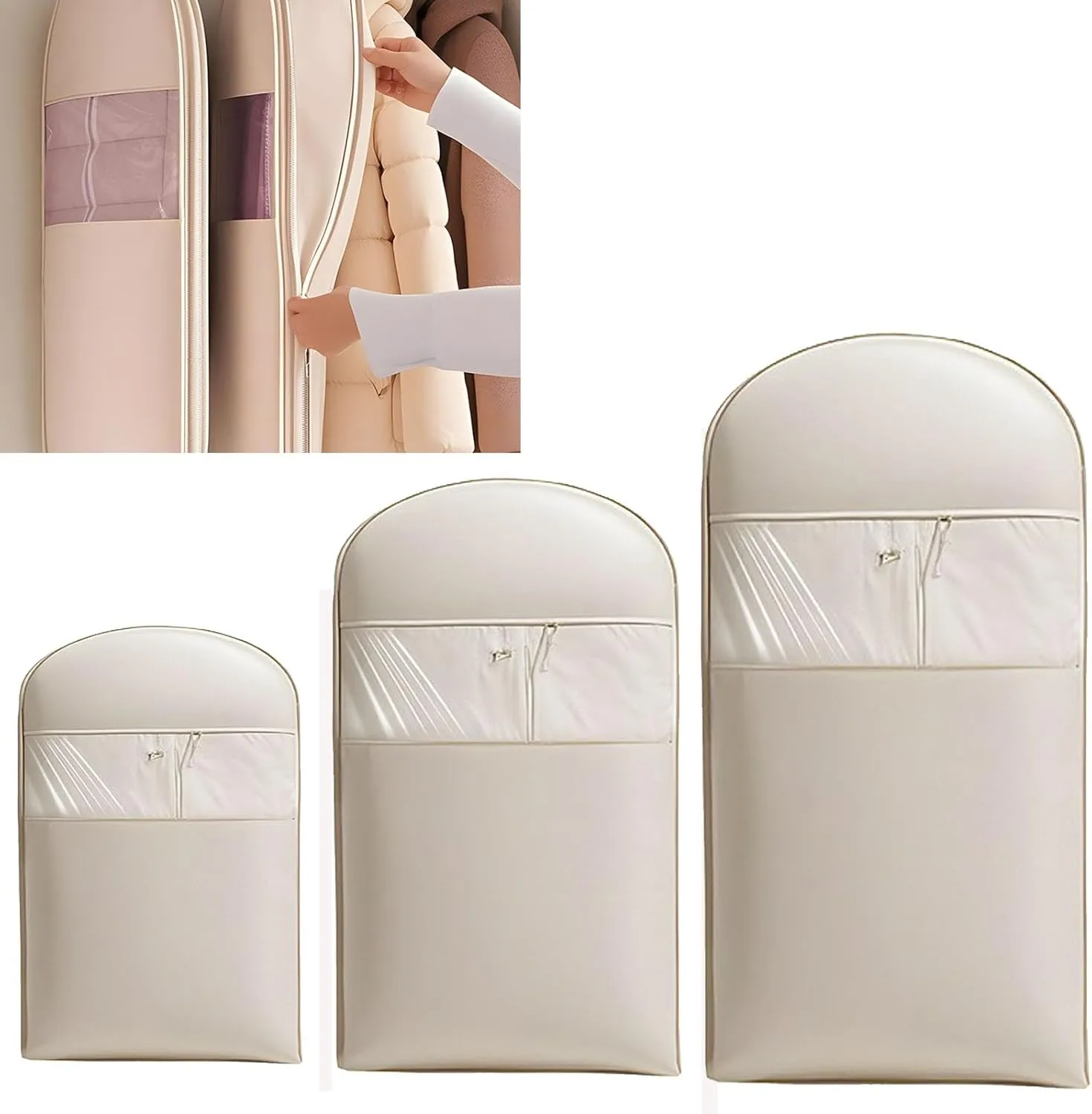 Space Saving Hanging Garment Bag with Self Compression Zipper, Dust Cover Clothes Bags for Down Coat, Heavy Duty Garment Bag, Space Saver Closet Organizers, for Closet Storage(skin tone,3PC)