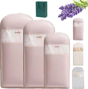 Space Saving Hanging Garment Bag With Self Compression Zipper, Dust Cover Clothes Bags For Down Coat, Space Saver Closet Organizers, Garment Bag For Hanging Clothes (Pink,XL)
