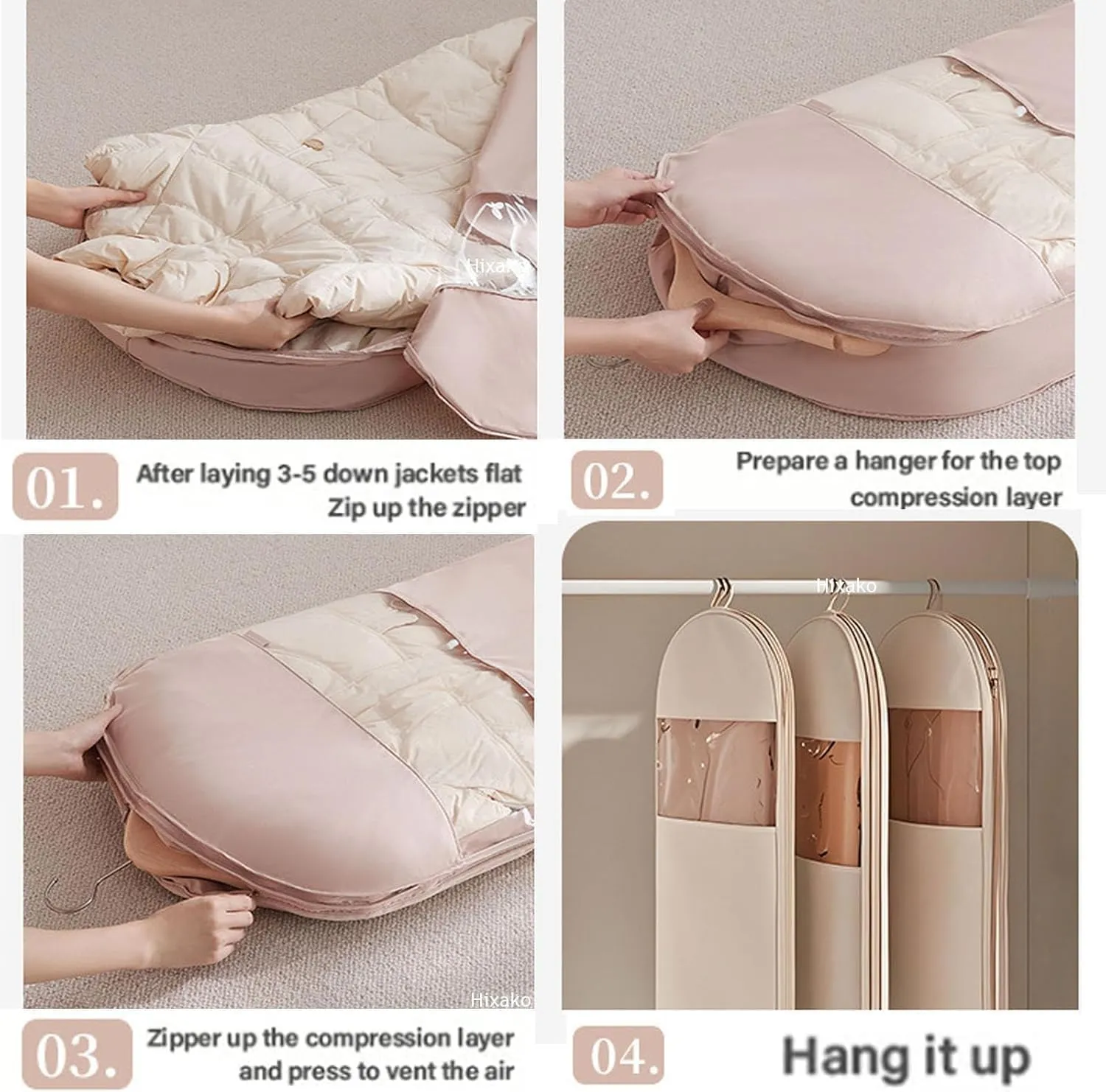 Space Saving Hanging Garment Bag With Self Compression Zipper, Dust Cover Clothes Bags For Down Coat, Space Saver Closet Organizers, Garment Bag For Hanging Clothes (Pink,XL)