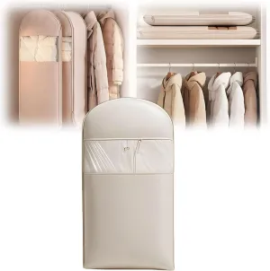 Space Saving Hanging Garment Bag with Self Compression Zipper, Dust Cover Clothes Bags for Down Coat, Tuxedos, Dresses, Space Saver Closet Organizers(Beige, Large) (Beige, L)