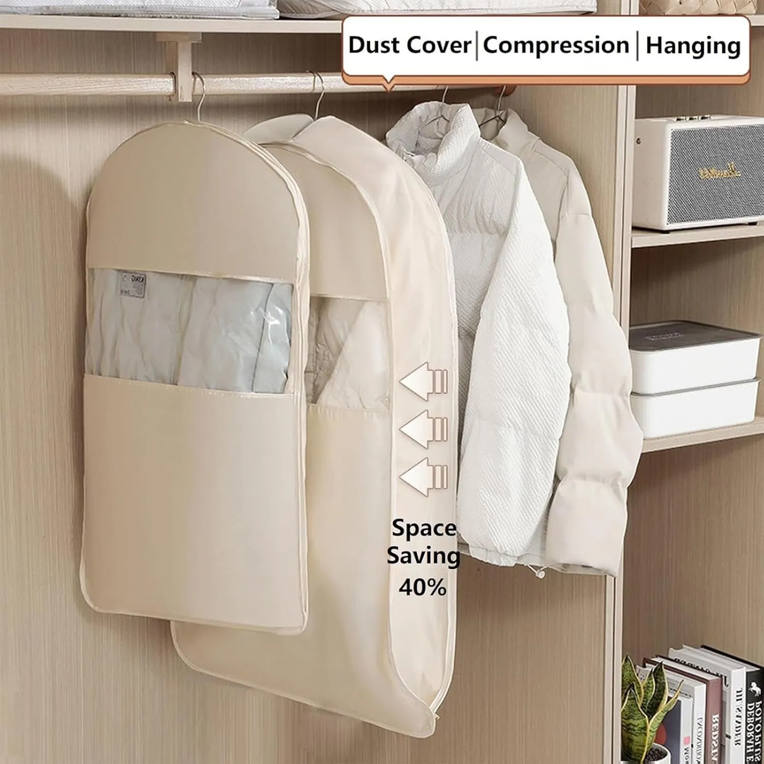 Space Saving Hanging Garment Bag with Self Compression Zipper, Garment Bags for Hanging Clothes Travel, Space Saver Closet Organizers, for Closet Storage (Beige,M)