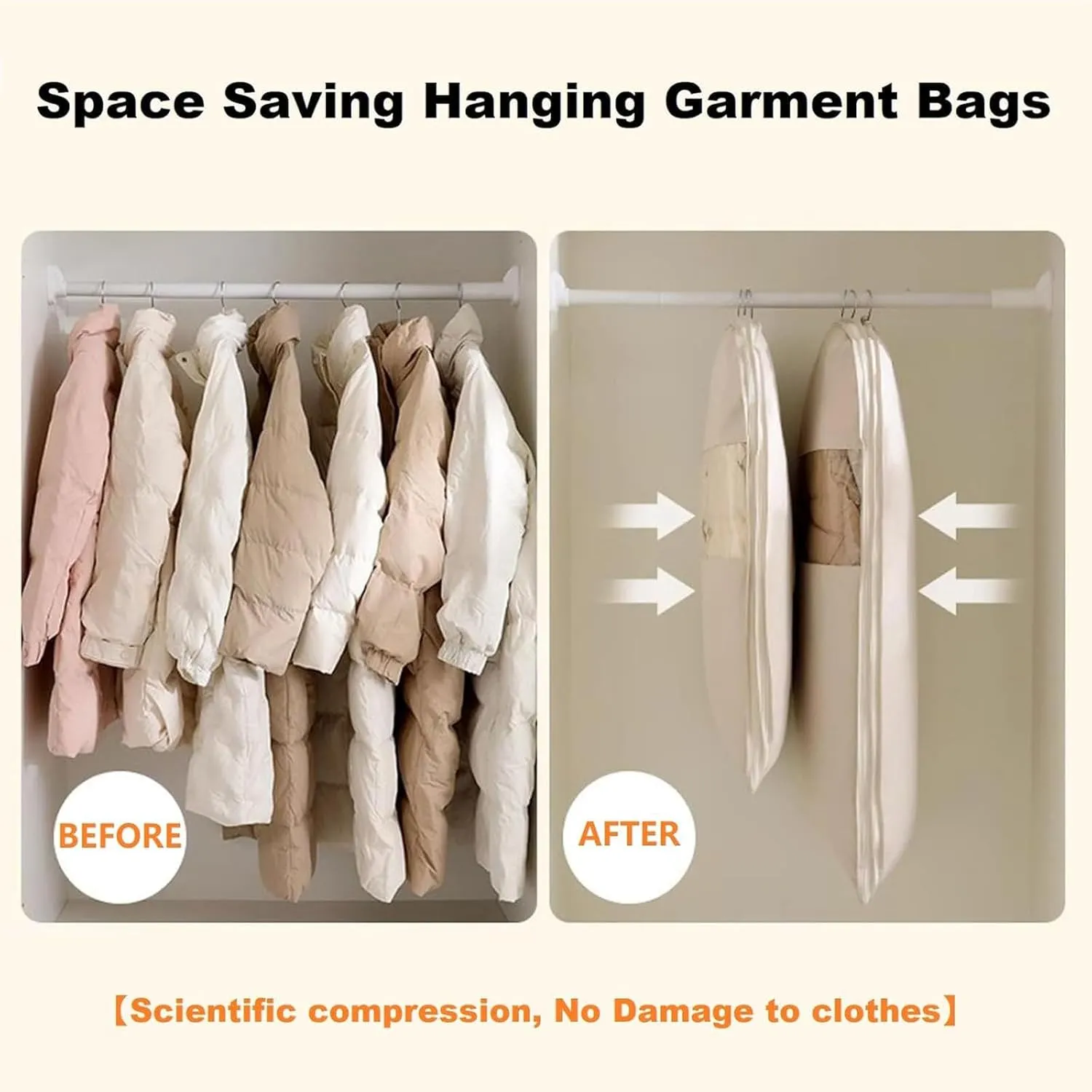 Space Saving Hanging Garment Bag with Self Compression Zipper, Garment Bags for Hanging Clothes Travel, Space Saver Closet Organizers, for Closet Storage (Beige,M)