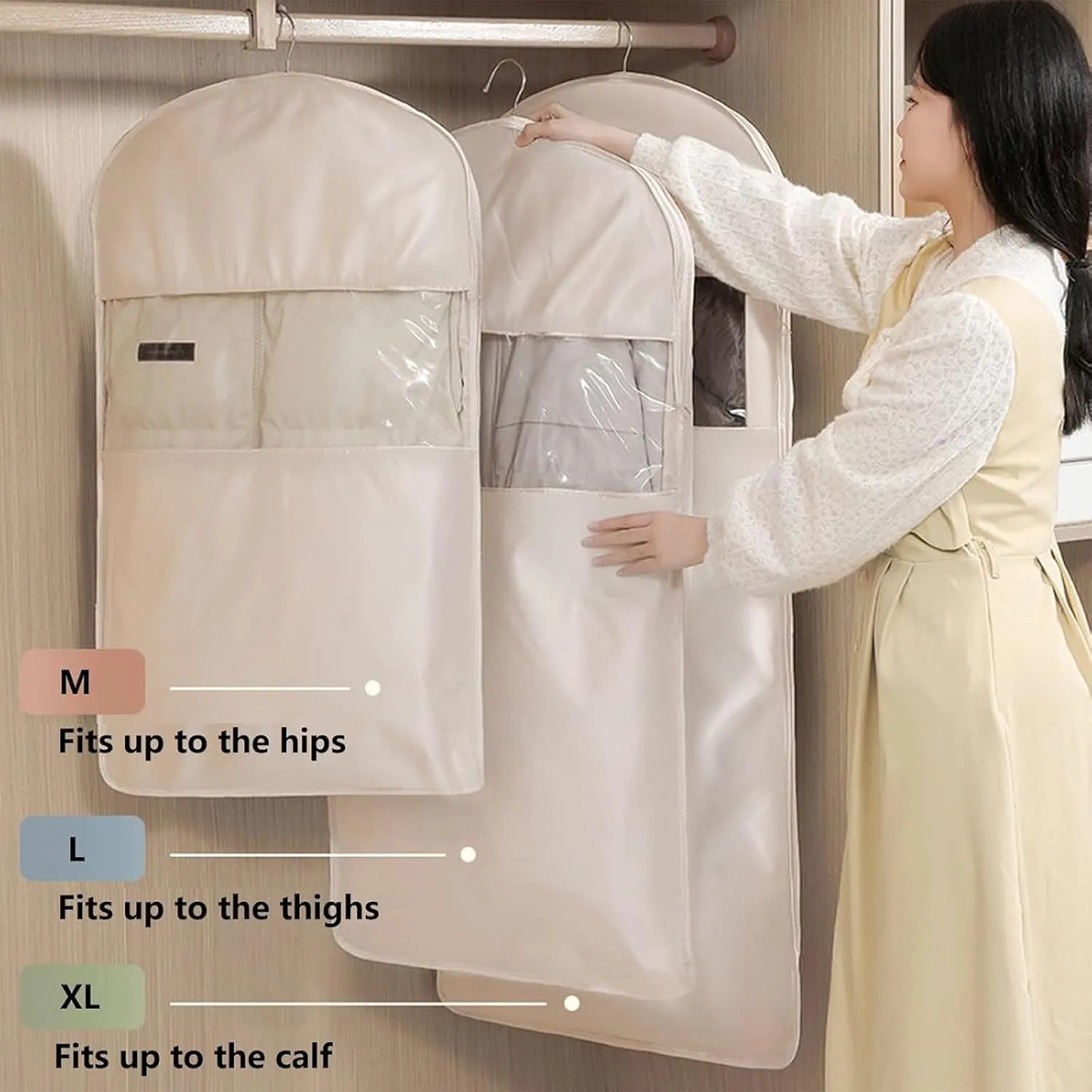 Space Saving Hanging Garment Bag with Self Compression Zipper, Garment Bags for Hanging Clothes Travel, Space Saver Closet Organizers, for Closet Storage (Beige,M)