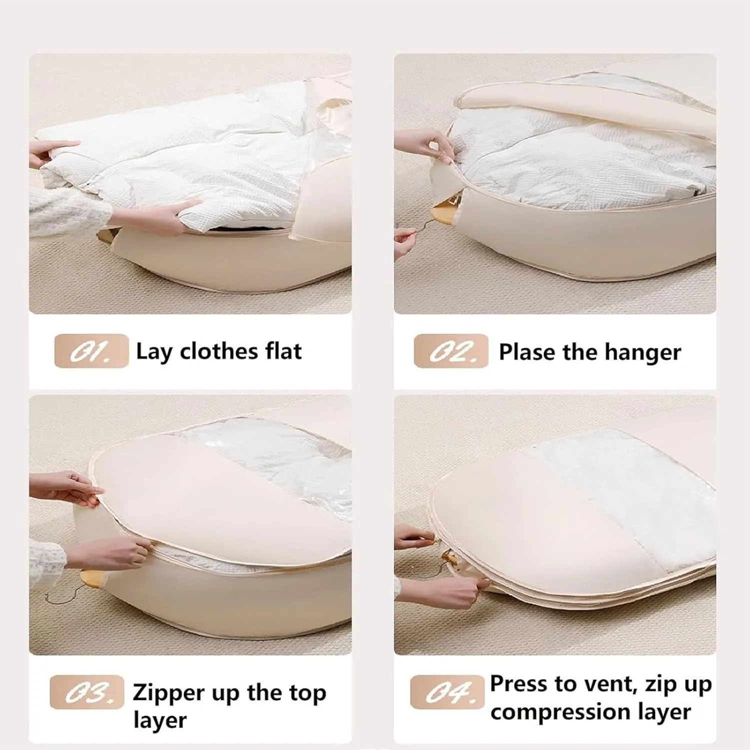Space Saving Hanging Garment Bag with Self Compression Zipper, Garment Bags for Hanging Clothes Travel, Space Saver Closet Organizers, for Closet Storage (Beige,M)