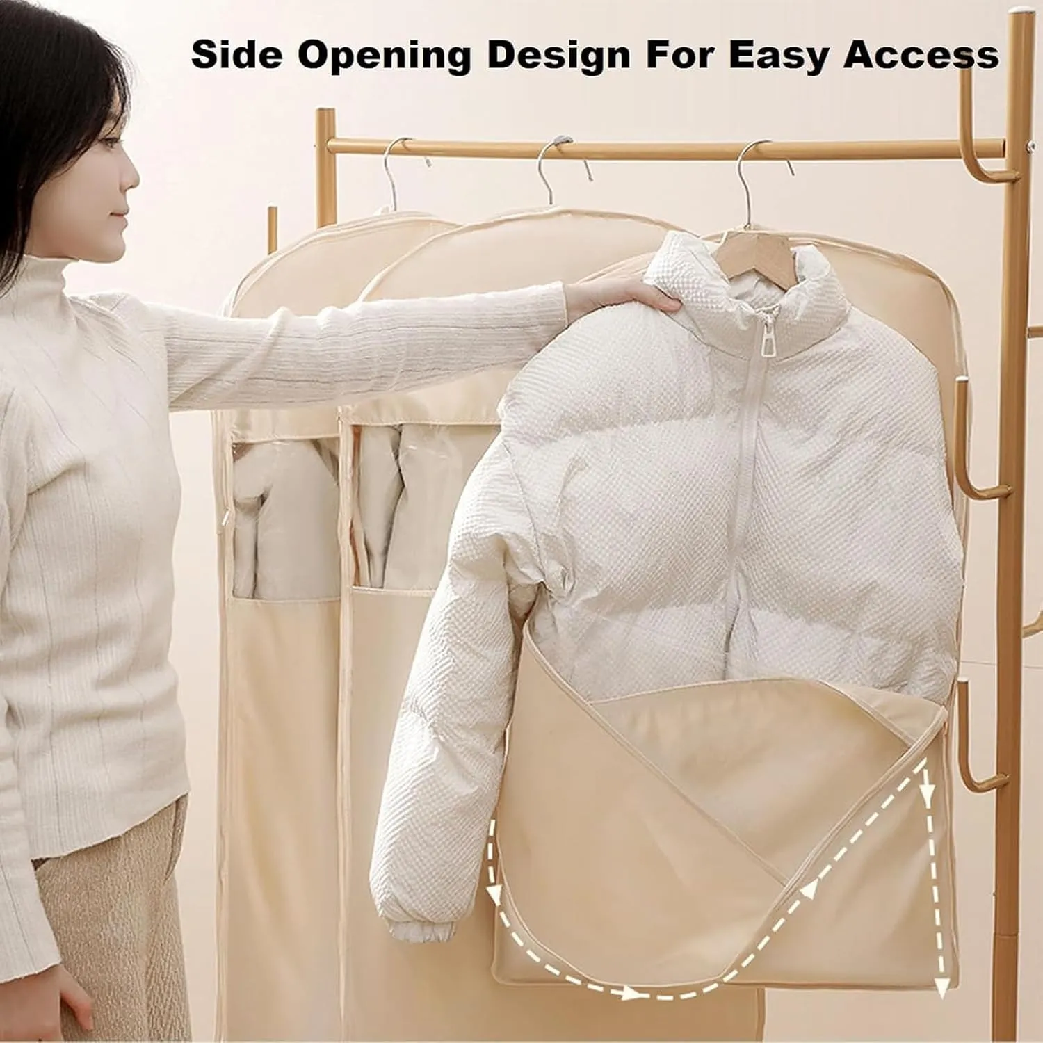 Space Saving Hanging Garment Bag with Self Compression Zipper, Garment Bags for Hanging Clothes Travel, Space Saver Closet Organizers, for Closet Storage (Beige,M)