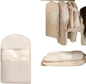 Space Saving Hanging Garment Bag with Self Compression Zipper, Garment Bags for Travel, Space Saver Closet Organizers, Dust Cover Clothes Bags for Down Coat (Beige, S)
