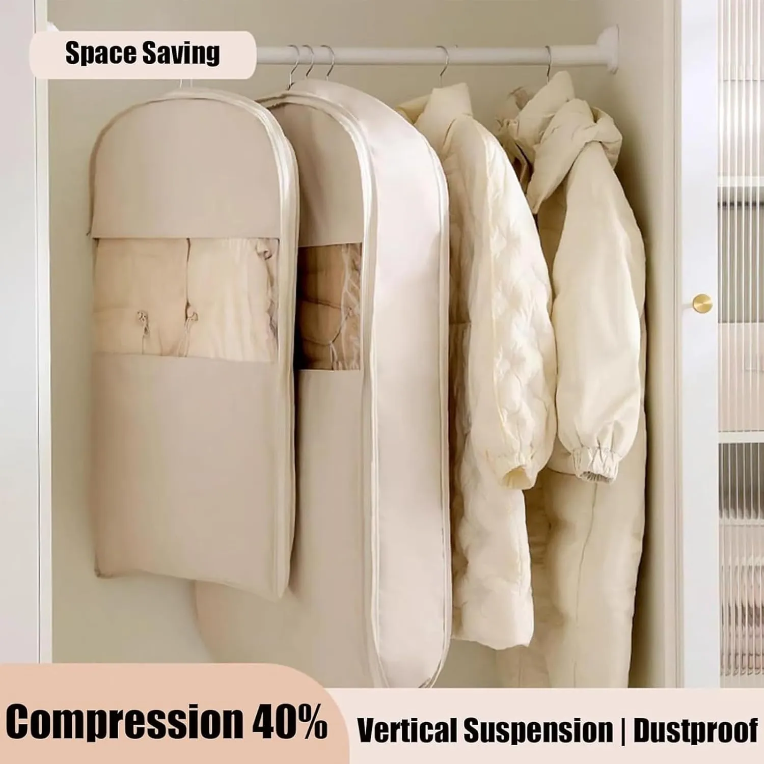 Space Saving Hanging Garment Bag with Self Compression Zipper, Hanging Garment Bag, Upgrade Dust Cover Clothes Bags for Down Coat (PInk, Large)