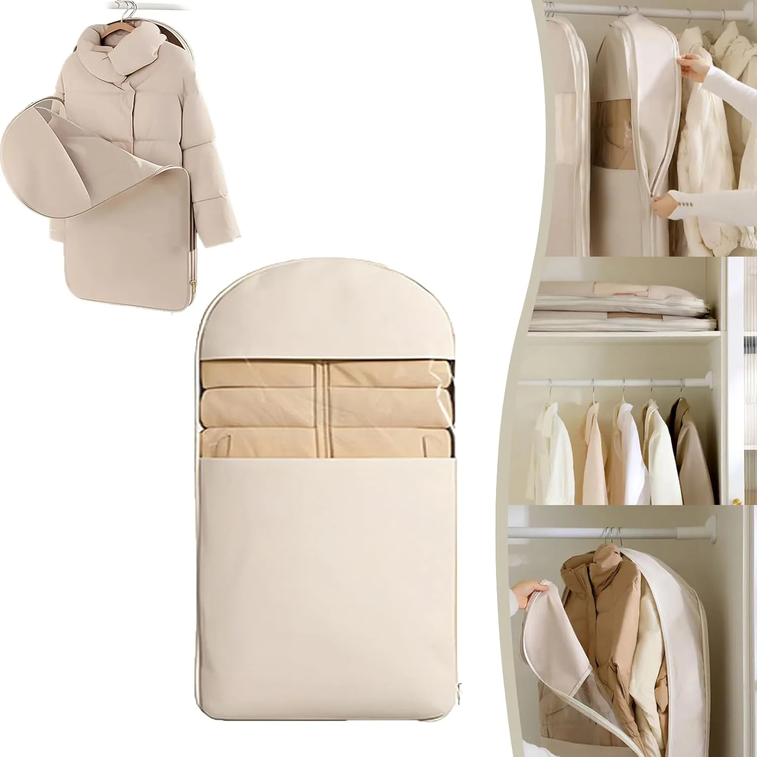 Space Saving Hanging Garment Bag with Self Compression Zipper, Hanging Garment Bags with Self Compression Zipper, Otherwies Garments Bag, Dust Cover Clothes Bags for Down Coat (Beige,35.4*22.8*5.9in)