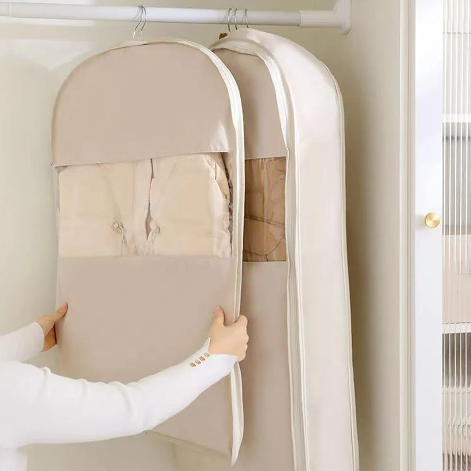 Space Saving Hanging Garment Bag with Self Compression Zipper, Hanging Garment Bags with Self Compression Zipper, Otherwies Garments Bag, Dust Cover Clothes Bags for Down Coat (Beige,35.4*22.8*5.9in)