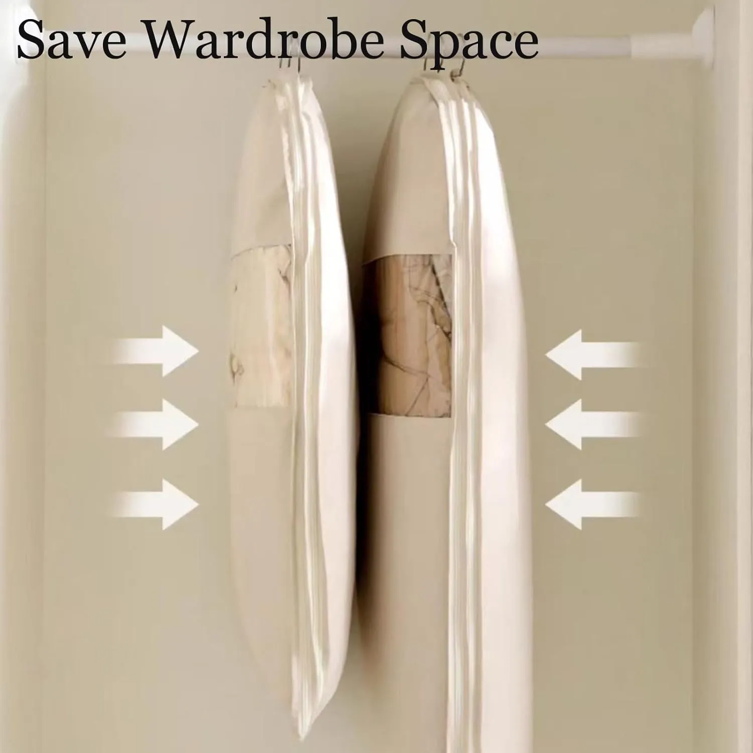 Space Saving Hanging Garment Bag with Self Compression Zipper, Hanging Garment Bags with Self Compression Zipper, Otherwies Garments Bag, Dust Cover Clothes Bags for Down Coat (Beige,35.4*22.8*5.9in)