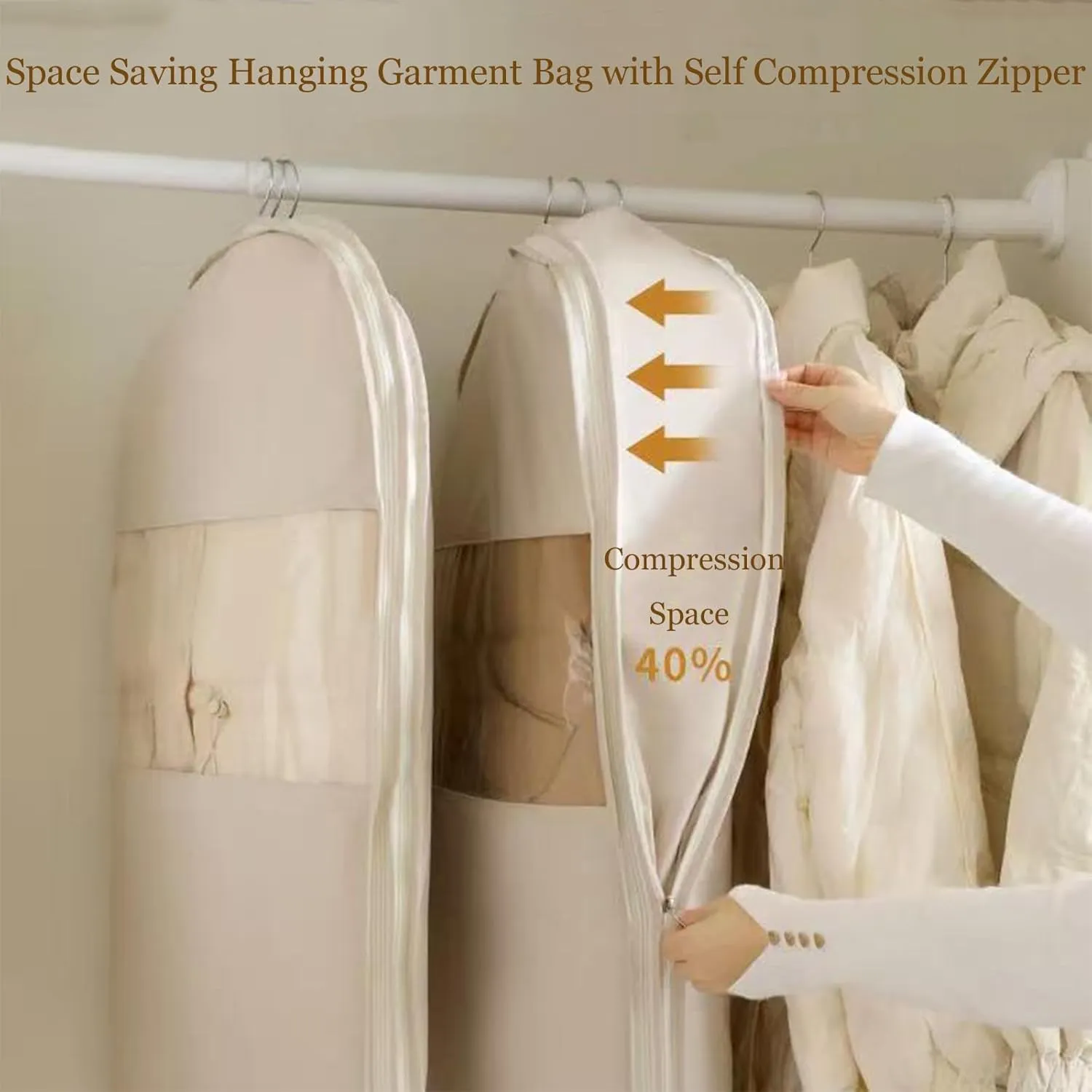 Space Saving Hanging Garment Bag with Self Compression Zipper, Hanging Garment Bags with Self Compression Zipper, Otherwies Garments Bag, Dust Cover Clothes Bags for Down Coat (Beige,43.3*22.8*5.9in)