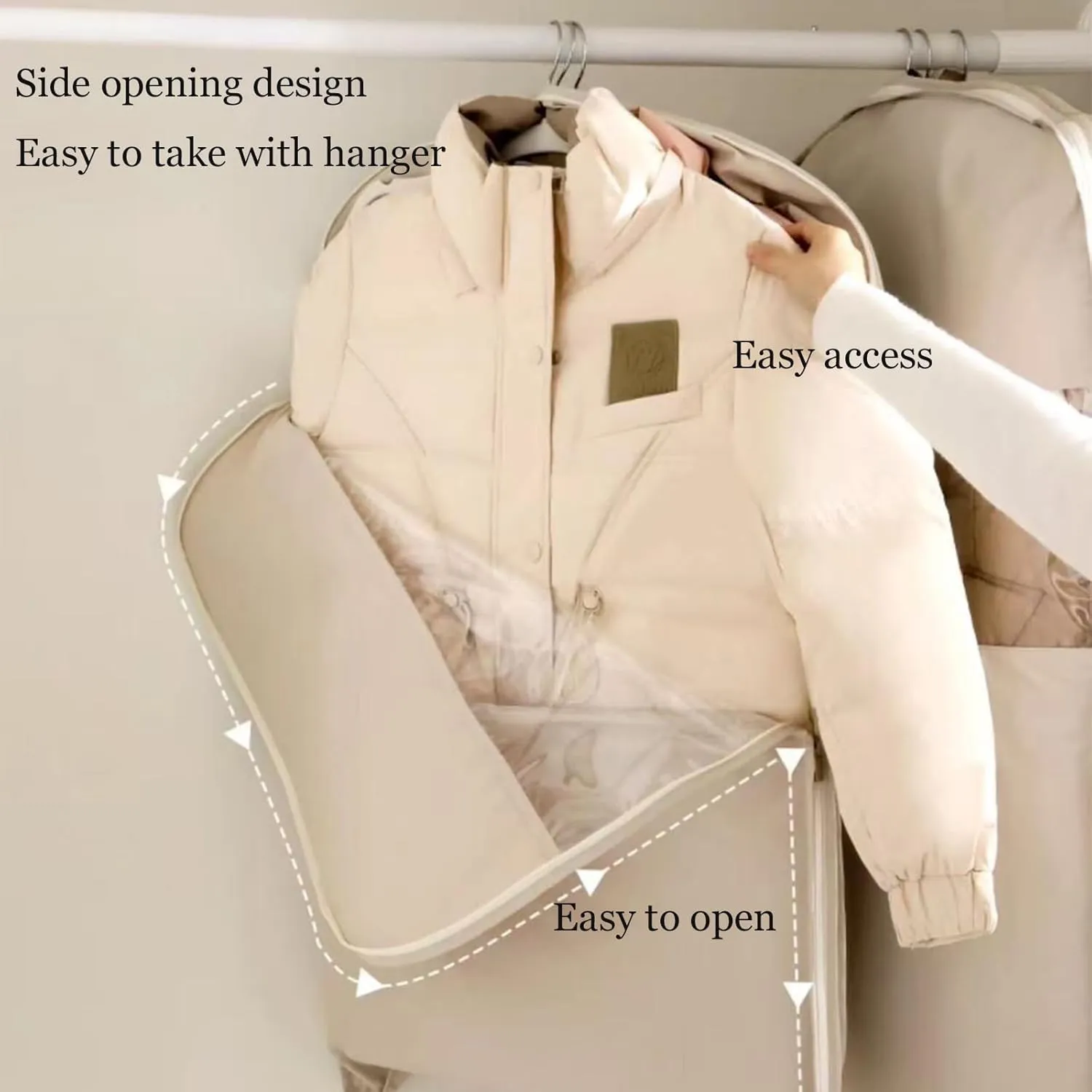 Space Saving Hanging Garment Bag with Self Compression Zipper, Hanging Garment Bags with Self Compression Zipper, Otherwies Garments Bag, Dust Cover Clothes Bags for Down Coat (Beige,43.3*22.8*5.9in)
