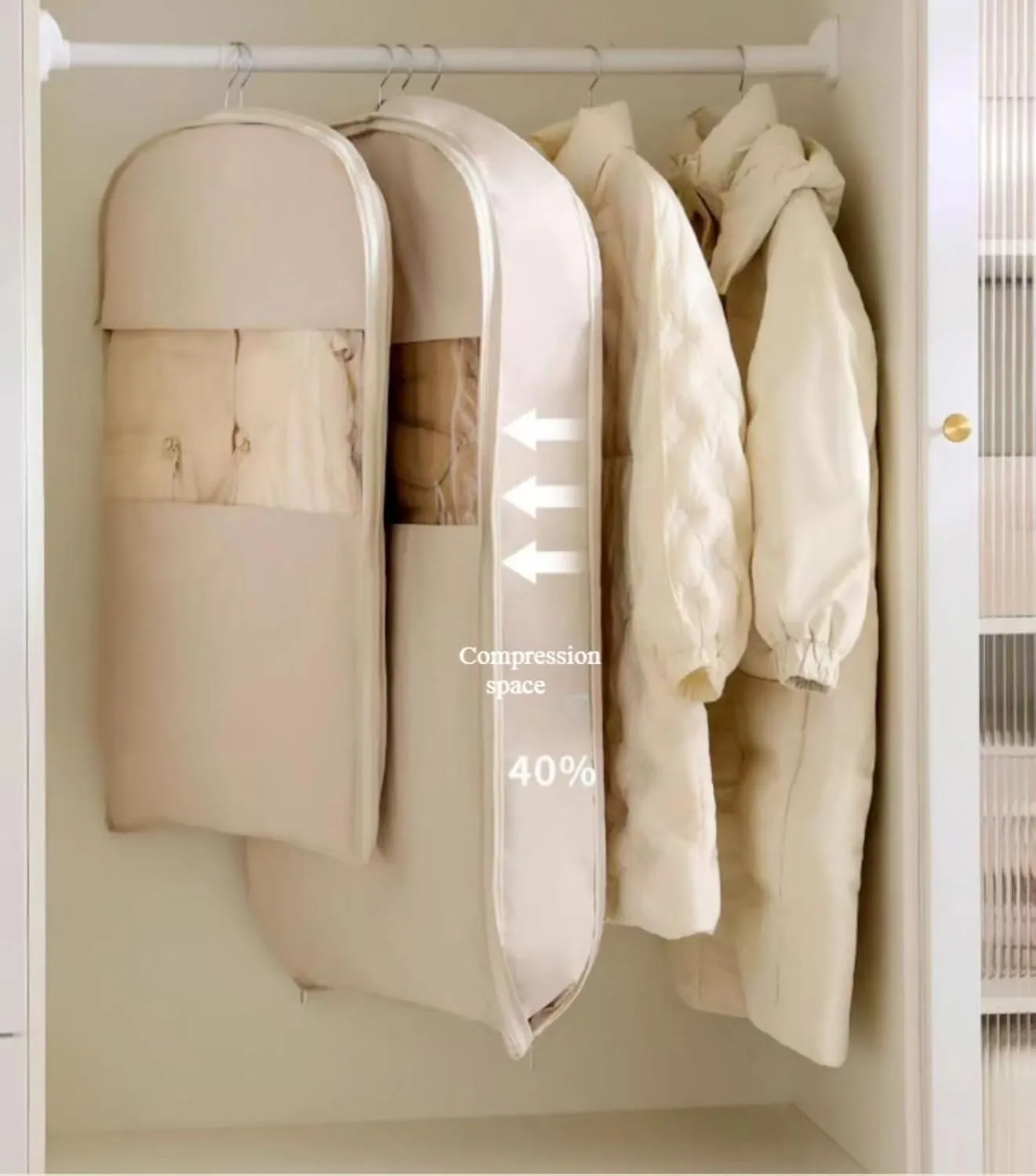 Space Saving Hanging Garment Bag with Self Compression Zipper, Otherwise Garment Bag, 2025 New Space Saving Hanging Protector, Space Saver Closet Organizers (Beige, L)