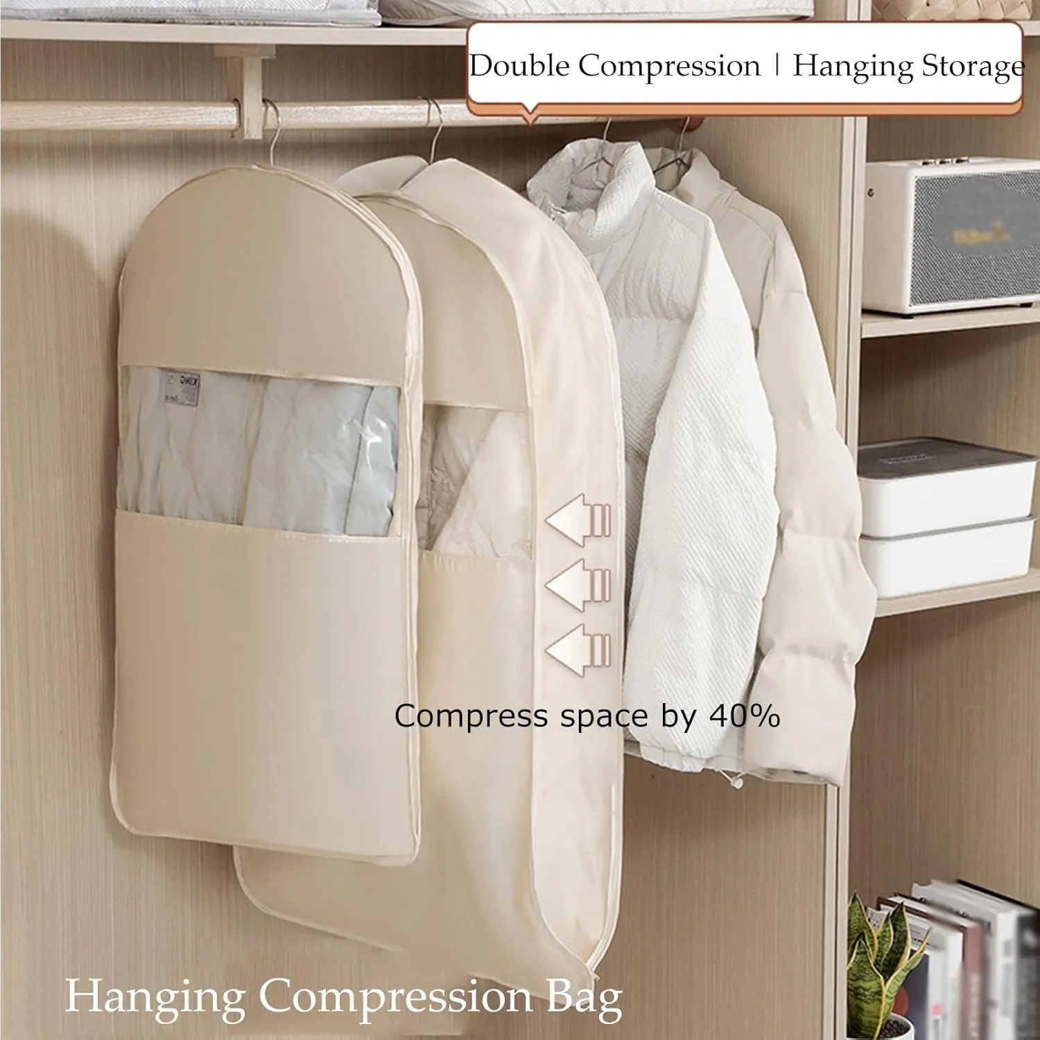 Space Saving Hanging Garment Bag with Self Compression Zipper-Space Bags for Travel,Space Saver Closet Organizers,Dust Cover Clothes Bags for Down Coat (Beige, M)