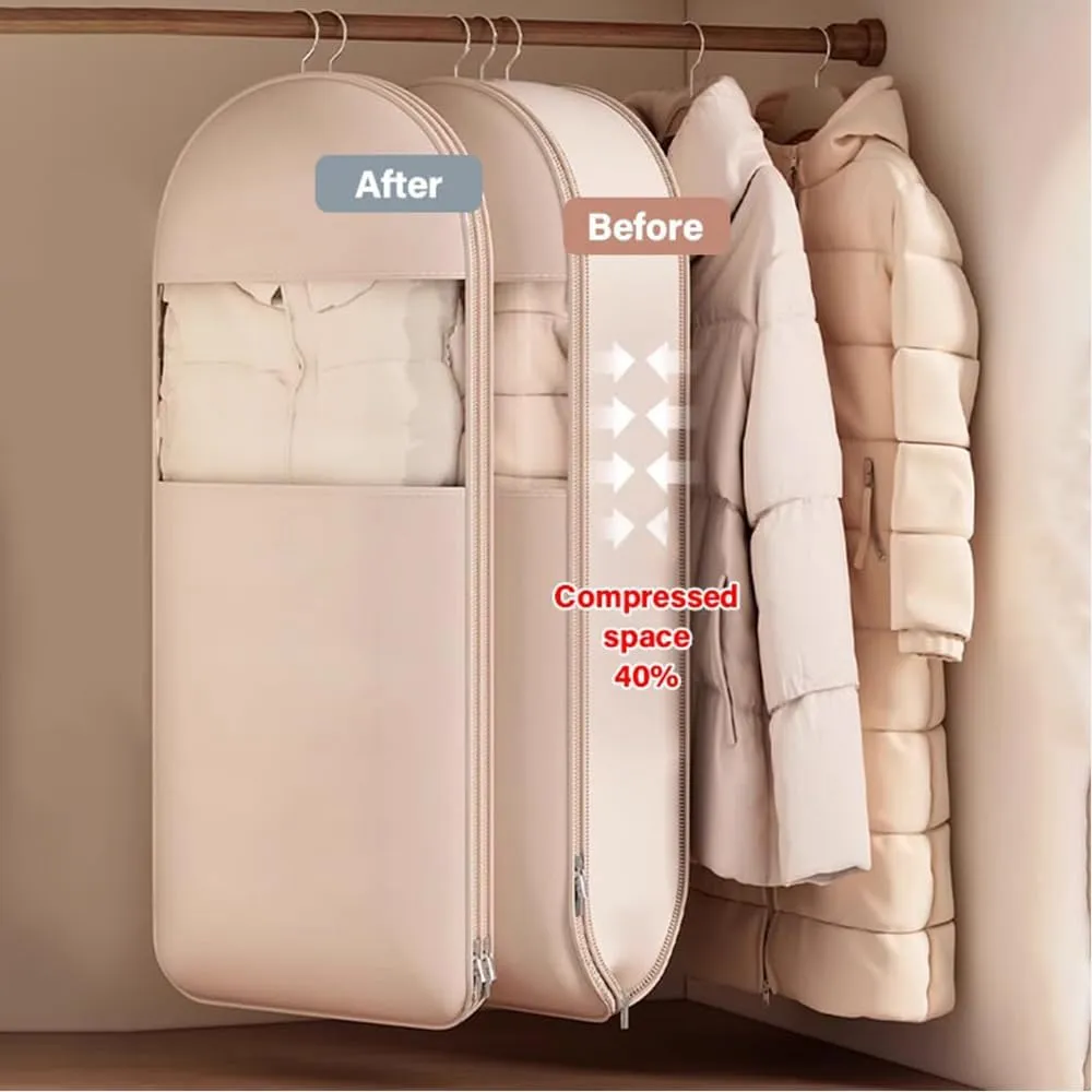 Space Saving Hanging Garment Bag with Self Compression Zipper, Space Saver Closet Organizers, 2025 New Space Saving Hanging Protector, Travel Bags, Dust Cover Clothes Bags for down Coat (Gray(3pcs))